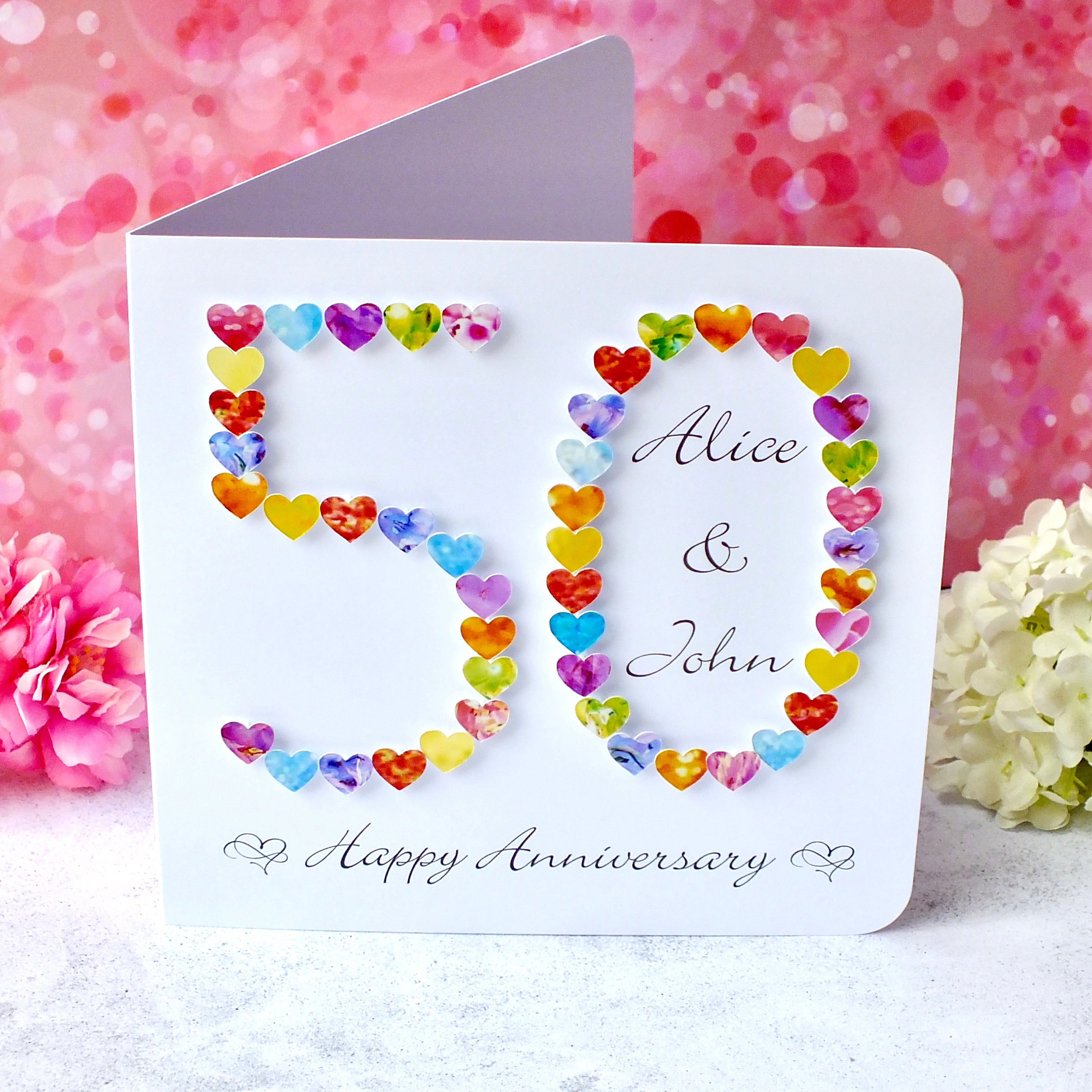 Golden 50th Wedding Anniversary Card - Hearts, Personalised