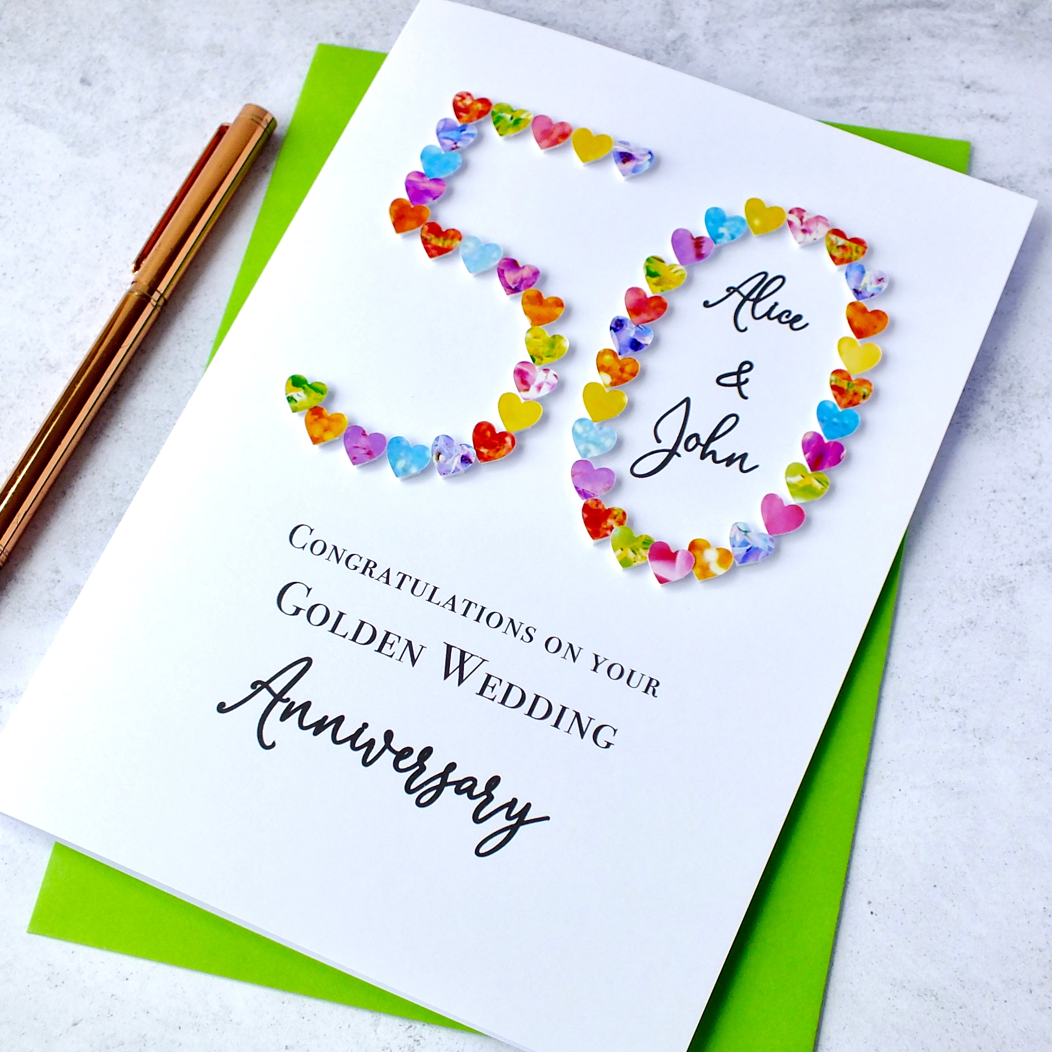 Golden 50th Wedding Anniversary Card - Hearts, Personalised