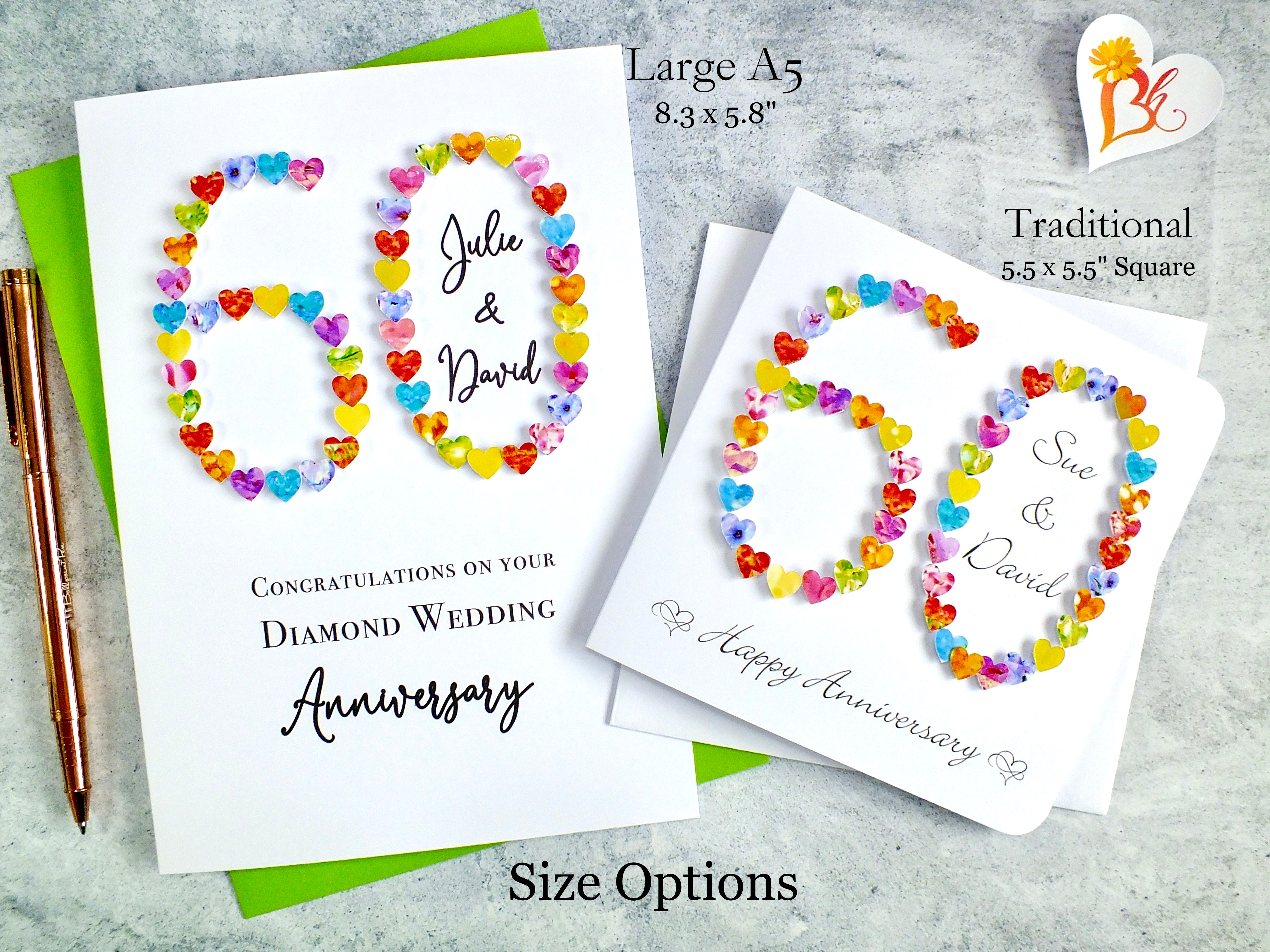 Diamond 60th Wedding Anniversary Card - Hearts, Personalised