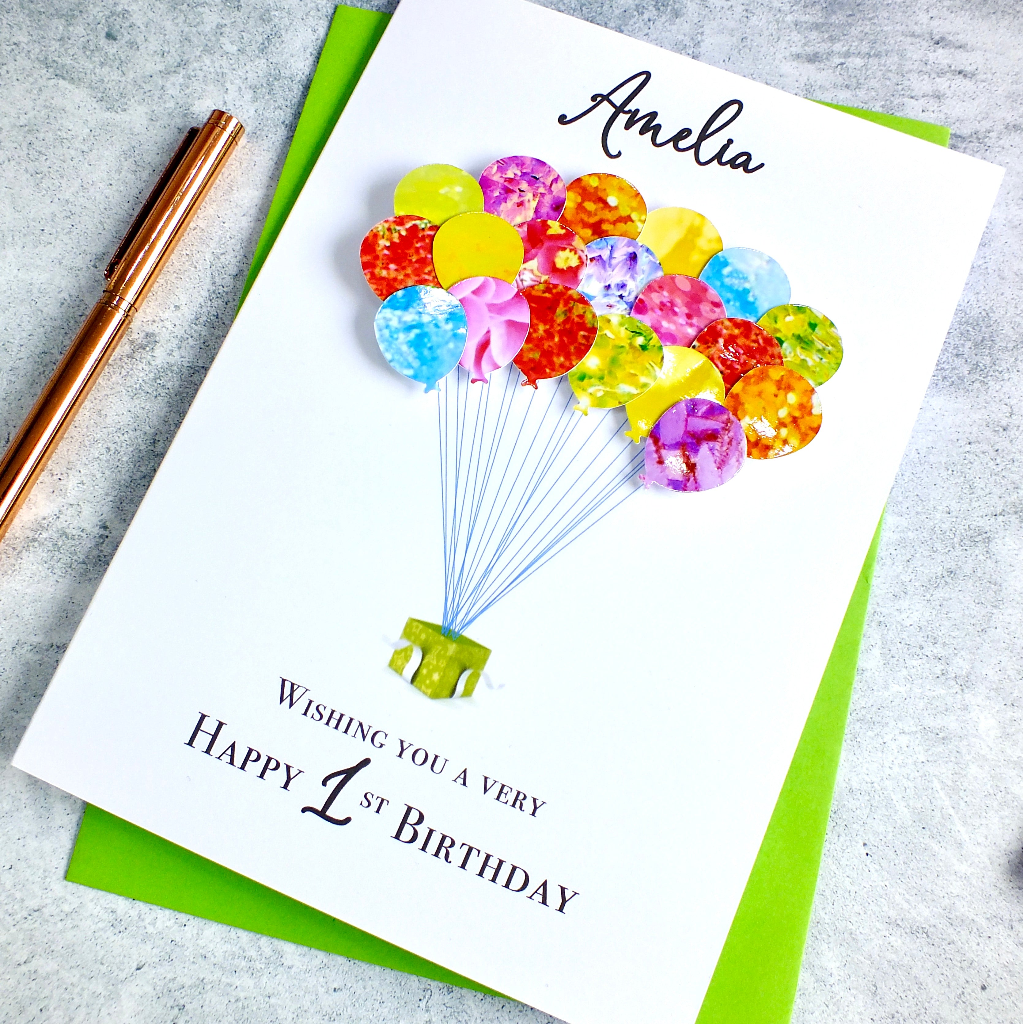 1st Birthday Card - Balloons, Personalised