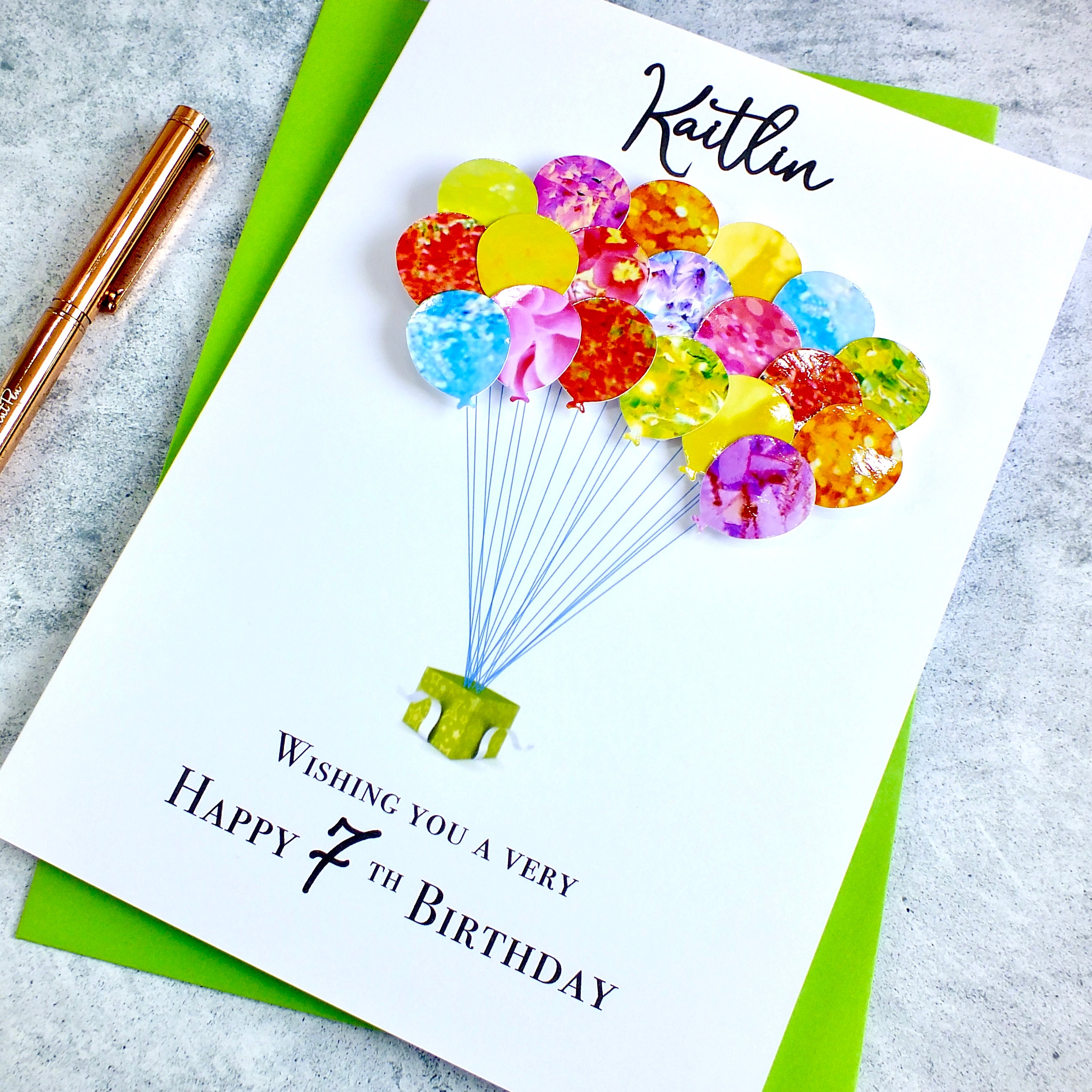 7th Birthday Card - Balloons, Personalised