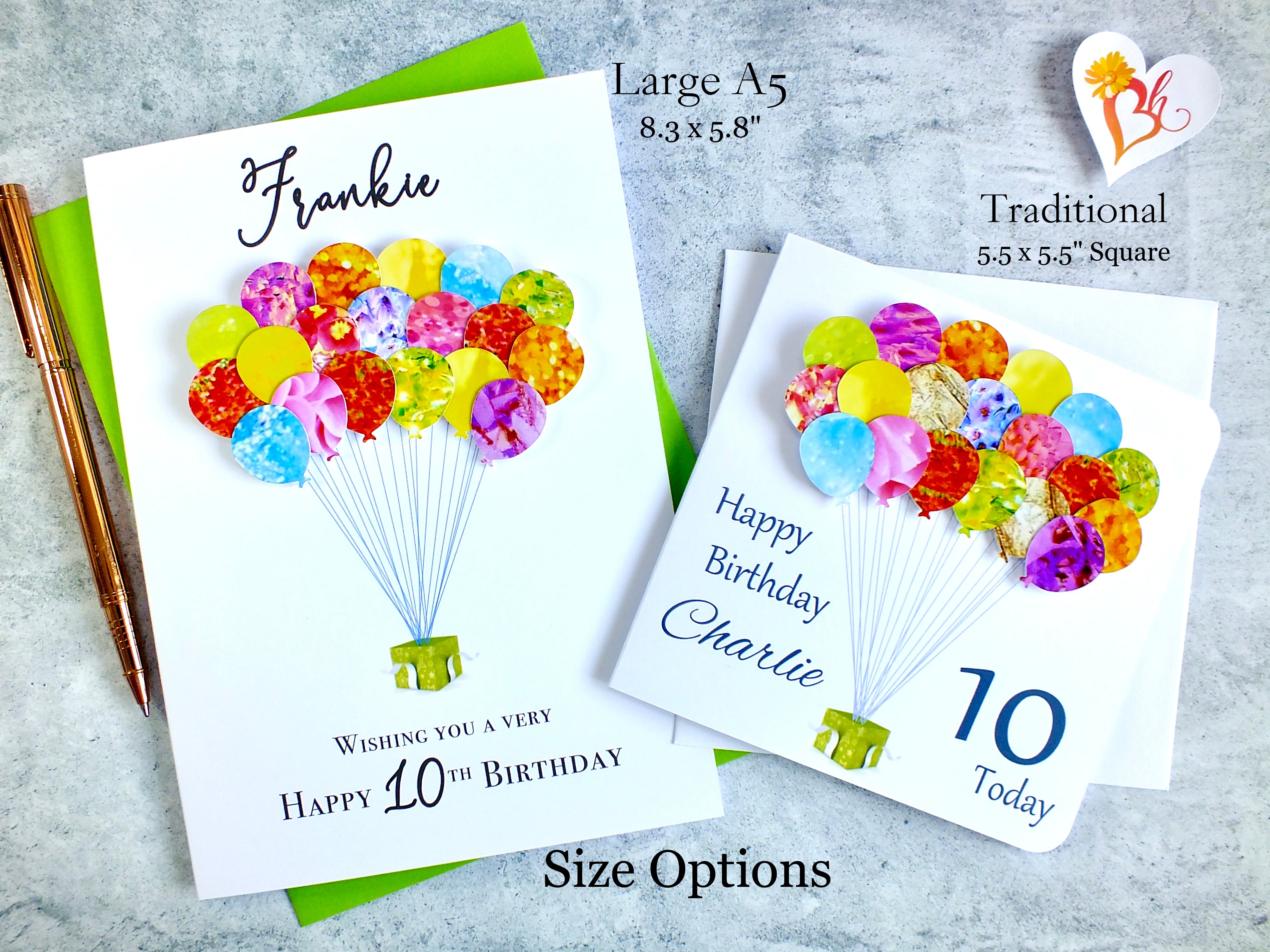 Personalised 10th Birthday Card - Colourful Balloons Design | New Size Options Available | Bright Heart Design