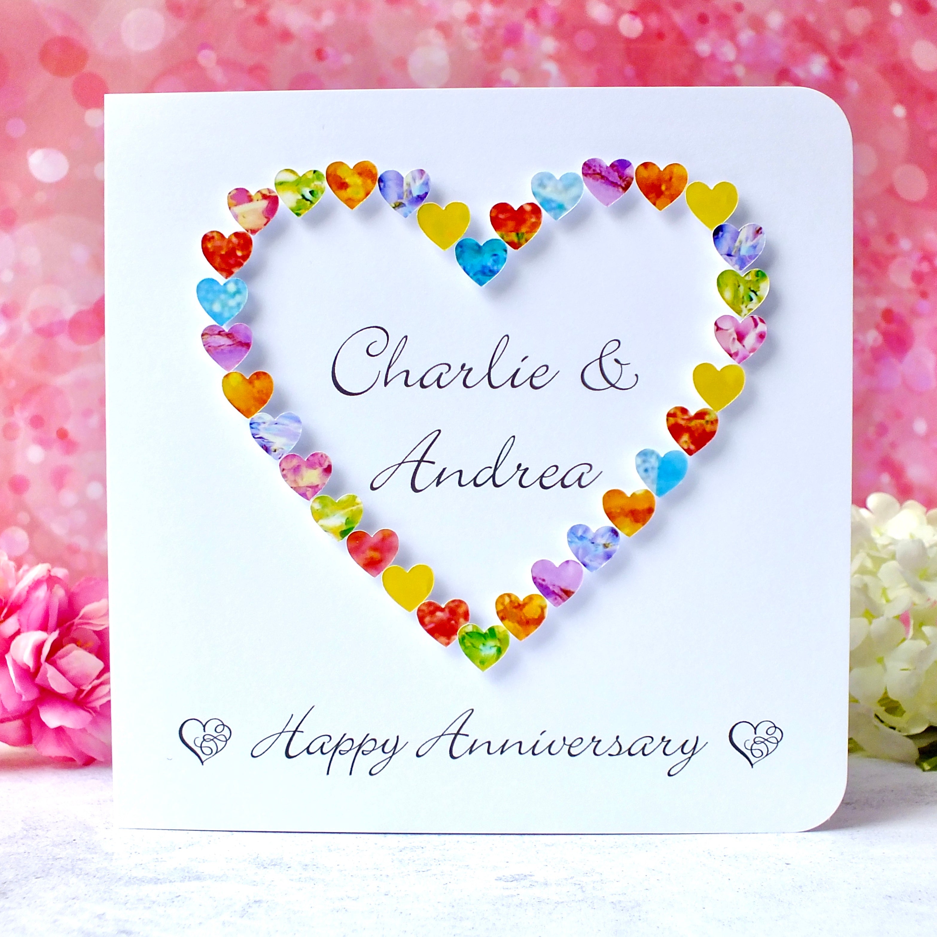 Personalised Anniversary Card - Colourful Hearts