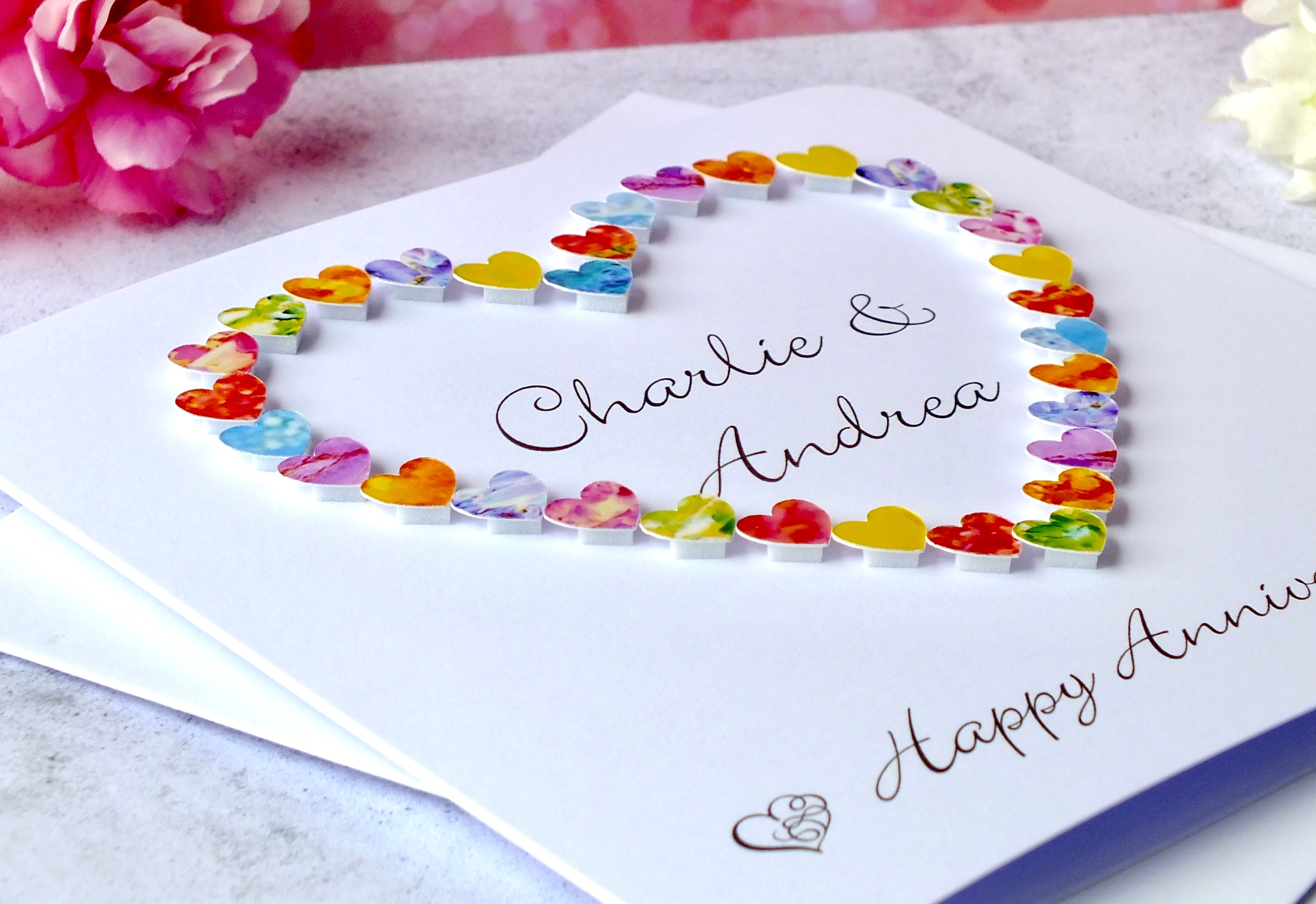 Personalised Anniversary Card - Colourful Hearts
