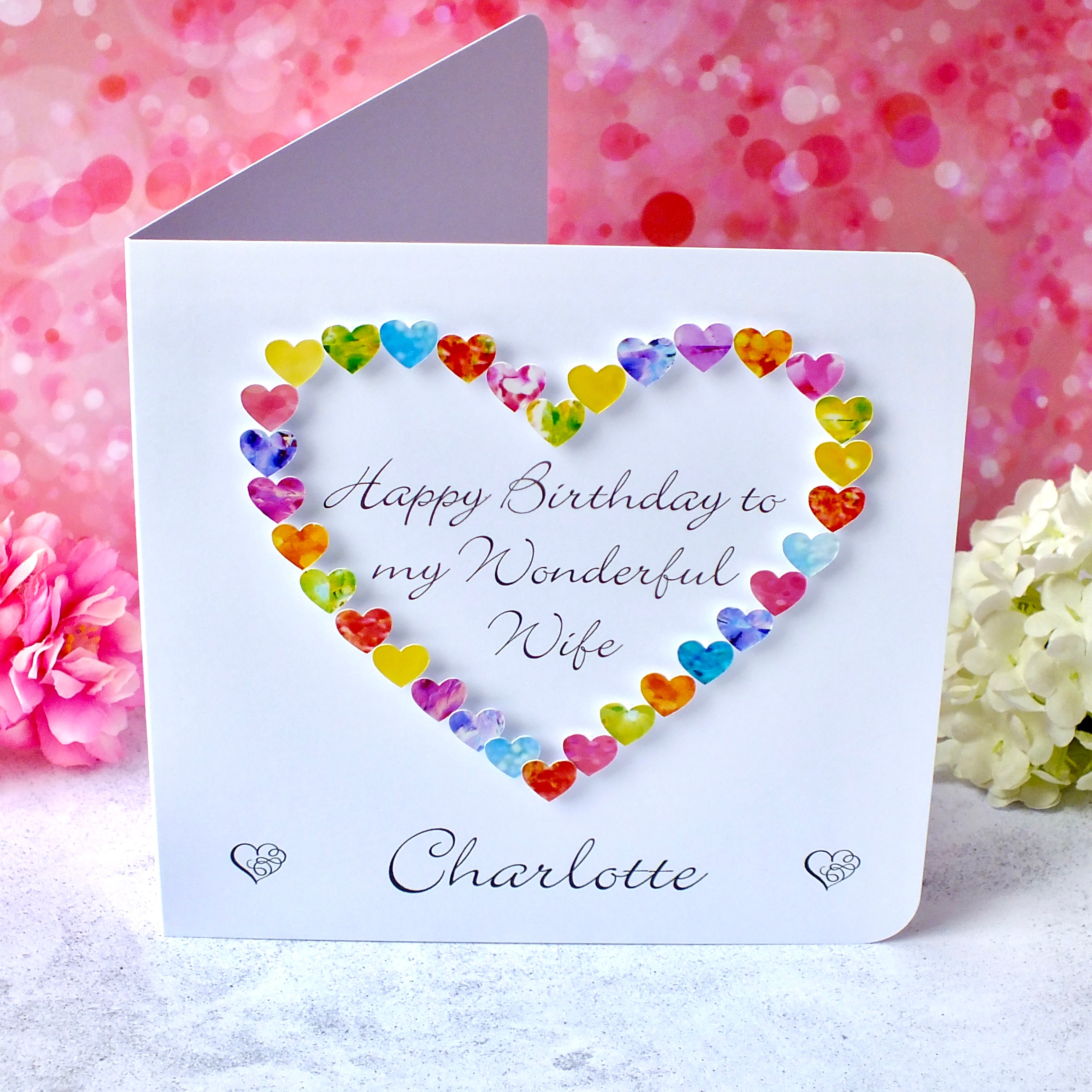 Birthday Card for Wife - Multi-Coloured Hearts