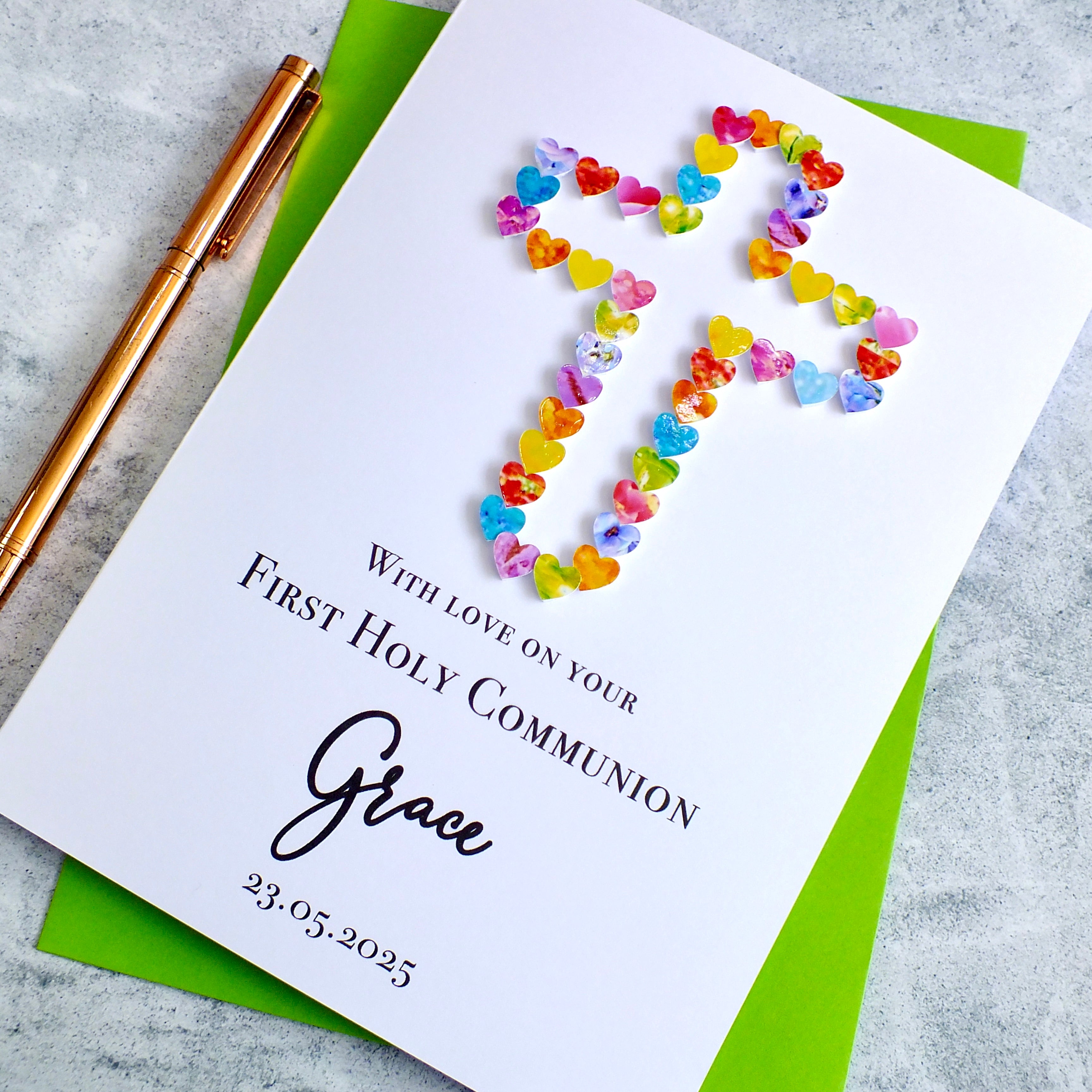 First Holy Communion Card - Hearts, Personalised