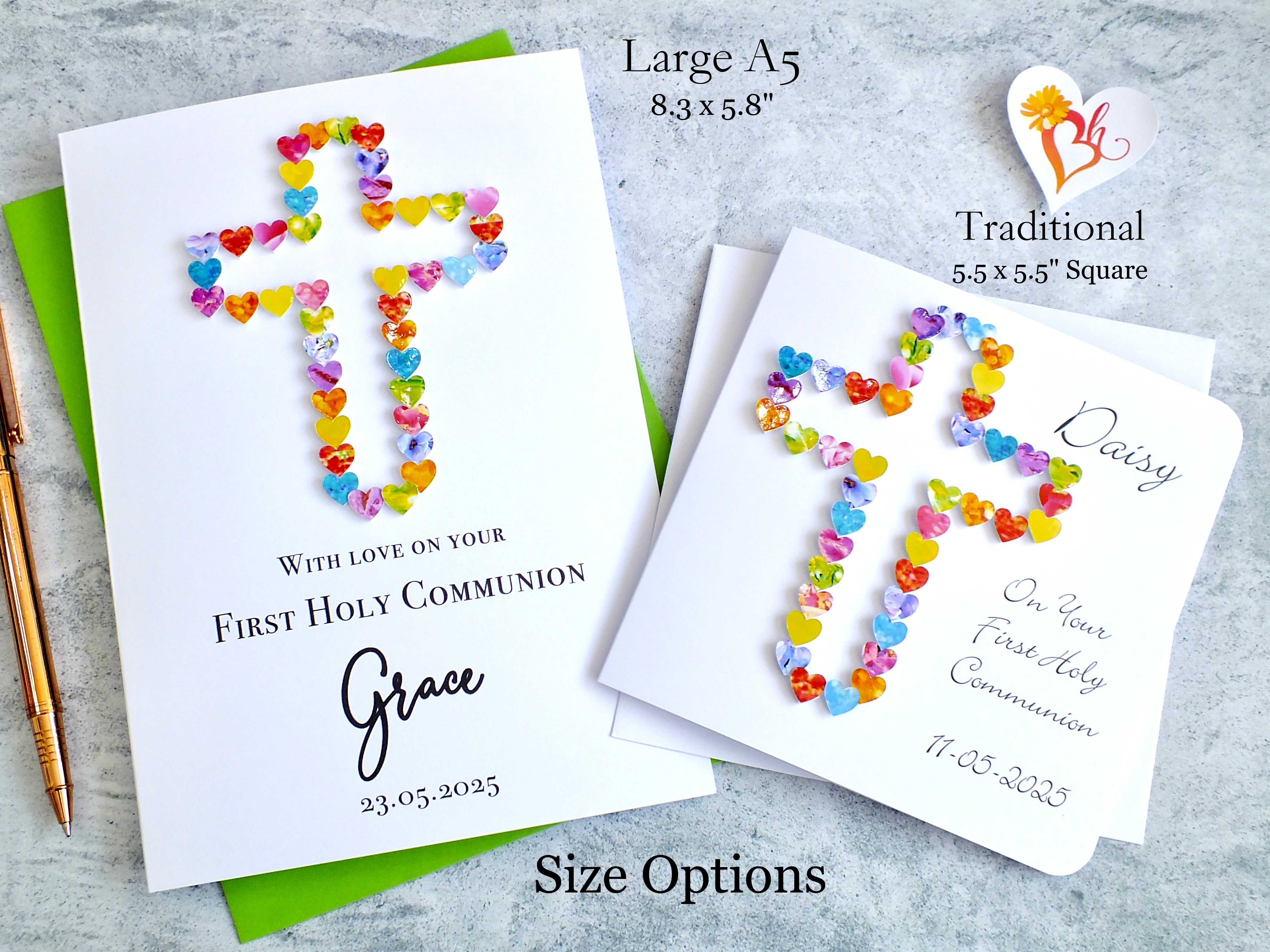 First Holy Communion Card - Hearts, Personalised