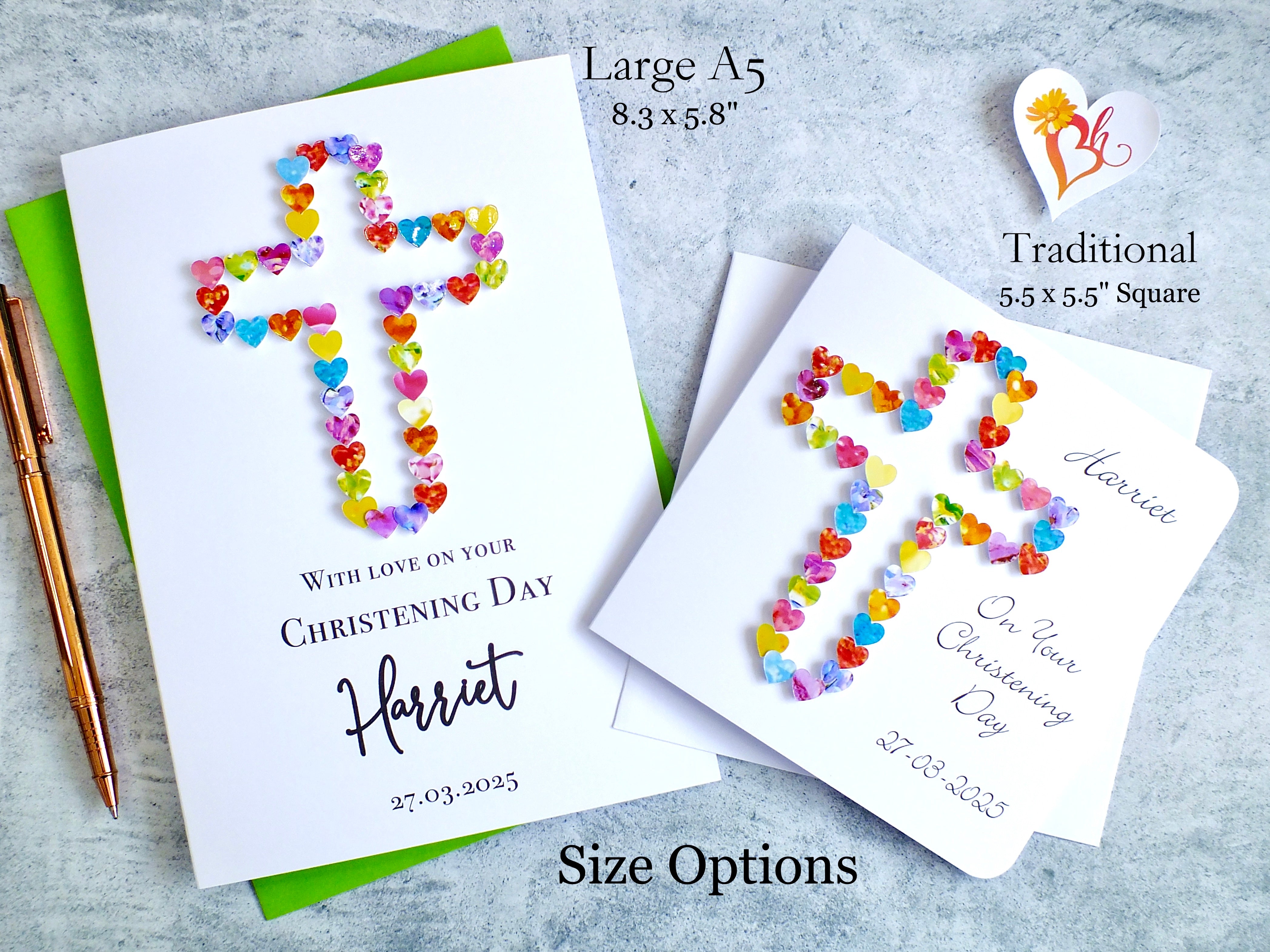 Handmade Christening Card - Multi Coloured Hearts, Personalised