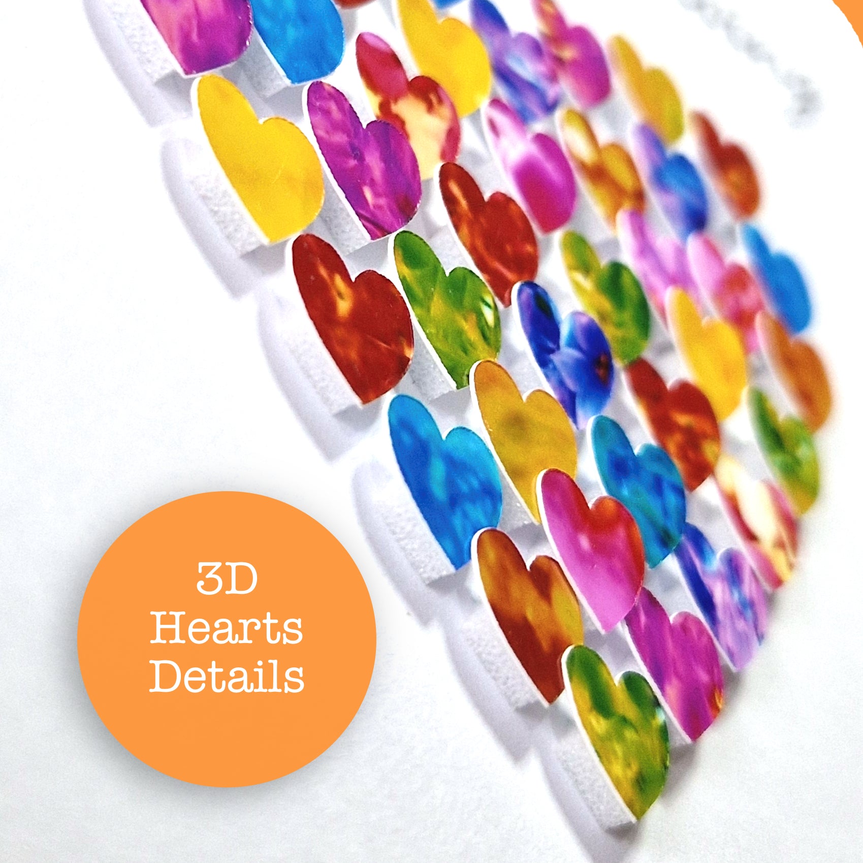 close up detail of colourful hearts in the shape of a larger heart on a white background
