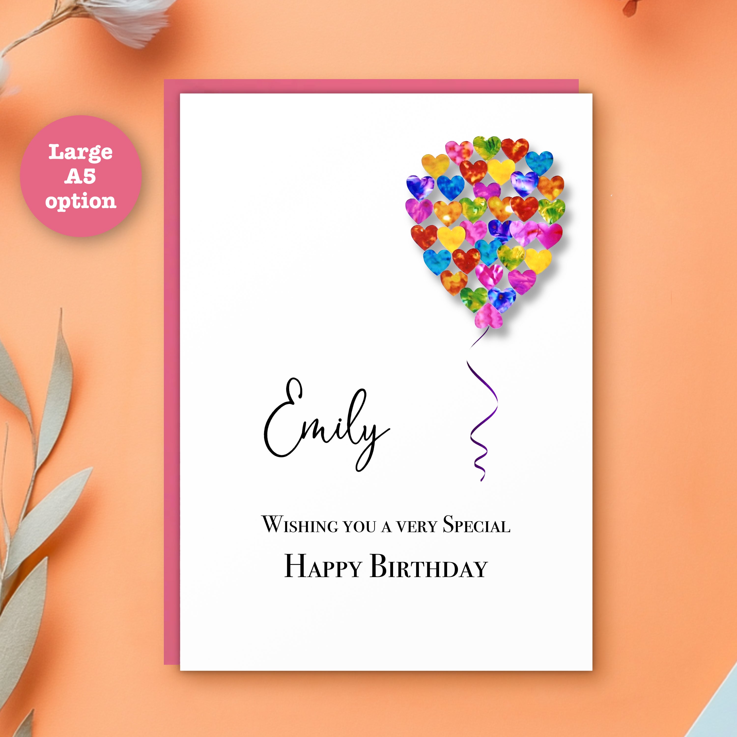 Personalised Birthday card with colourful hearts shaped as a balloon and Happy Birthday personalised text in A5 size