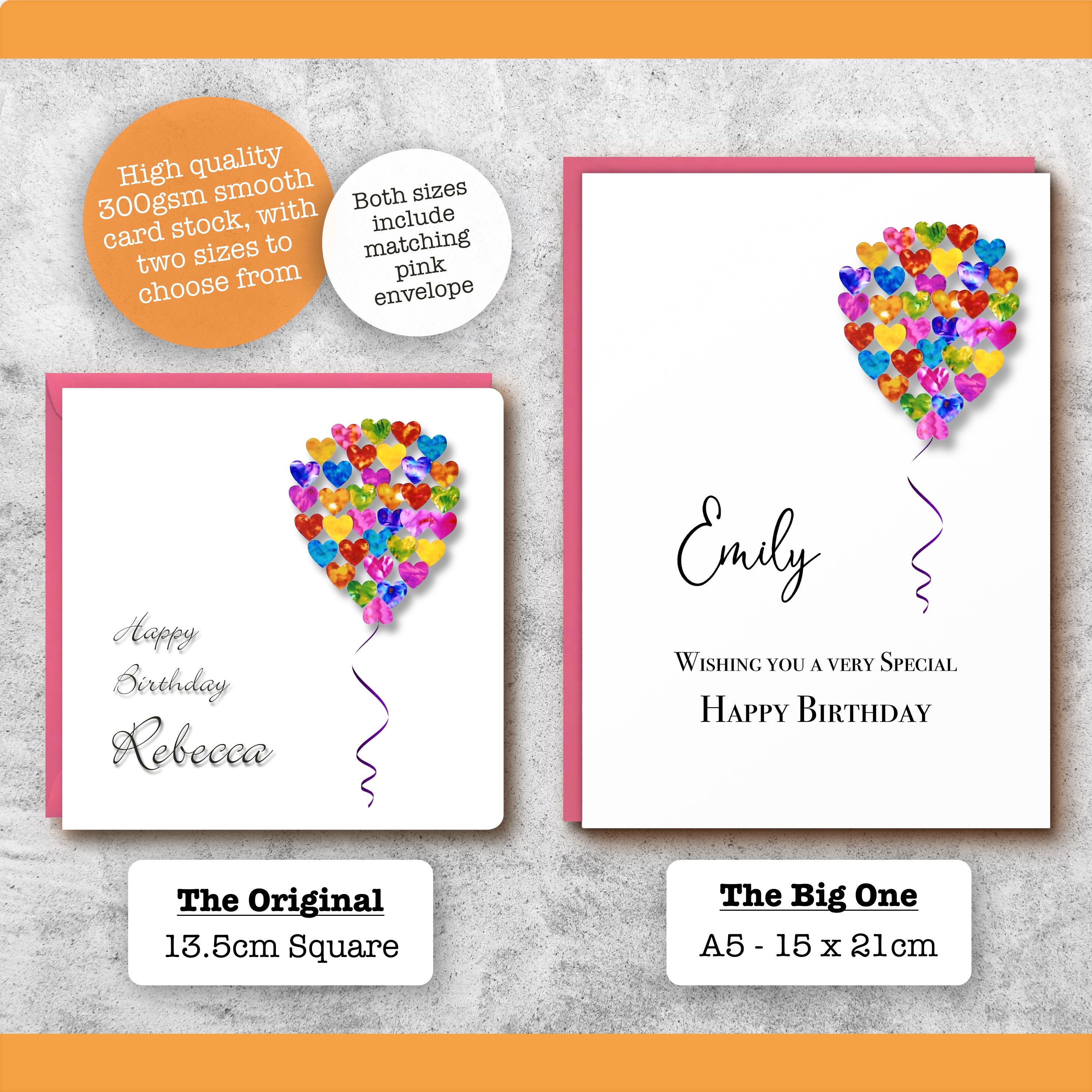 Two Birthday cards with colourful hearts shaped as a balloon and 'Happy Birthday Rebecca' text on a peach background size comparison