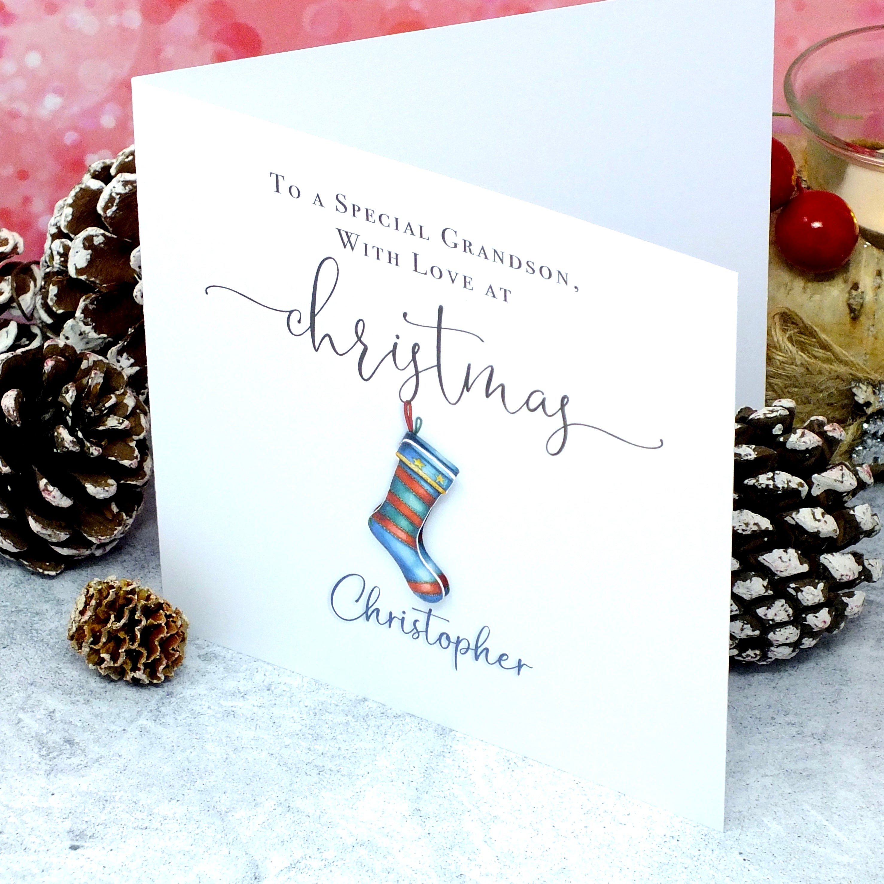 Personalised Christmas Card for Grandson / Great Grandson - Xmas Stocking