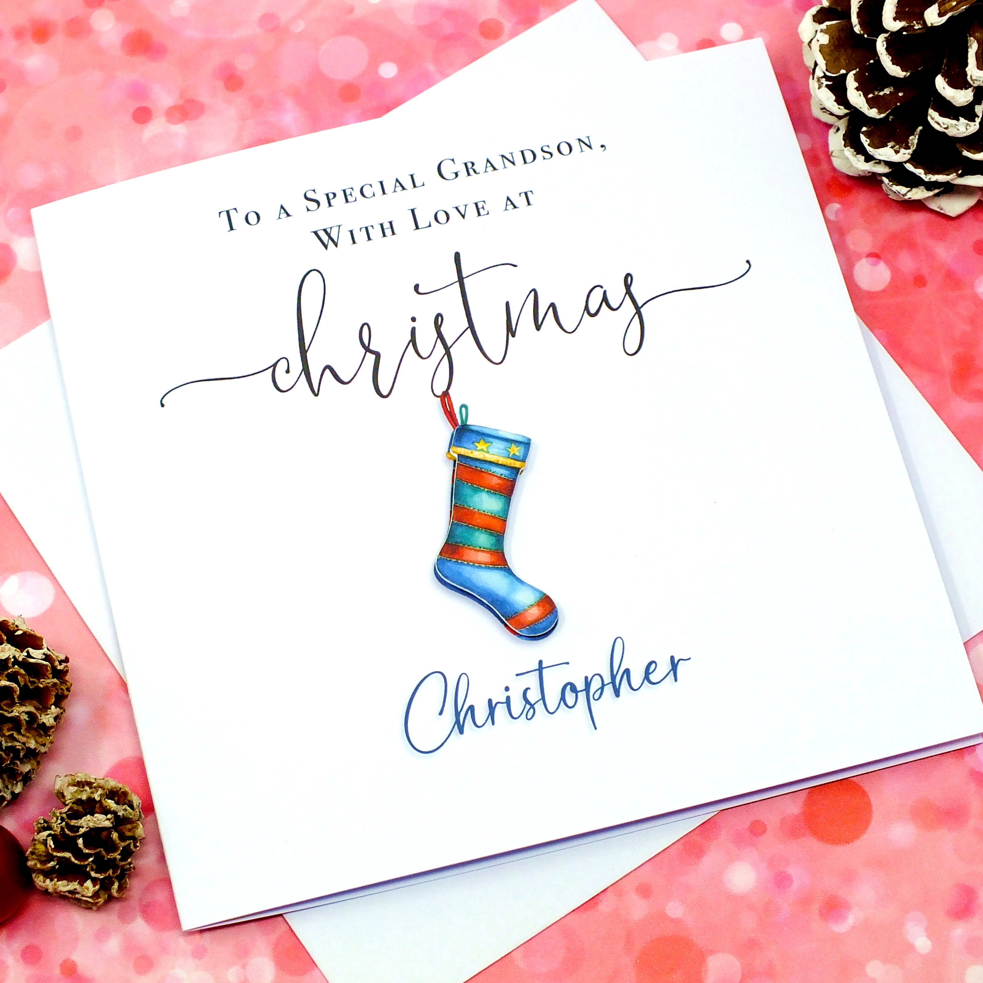 Personalised Christmas Card for Grandson / Great Grandson - Xmas Stocking