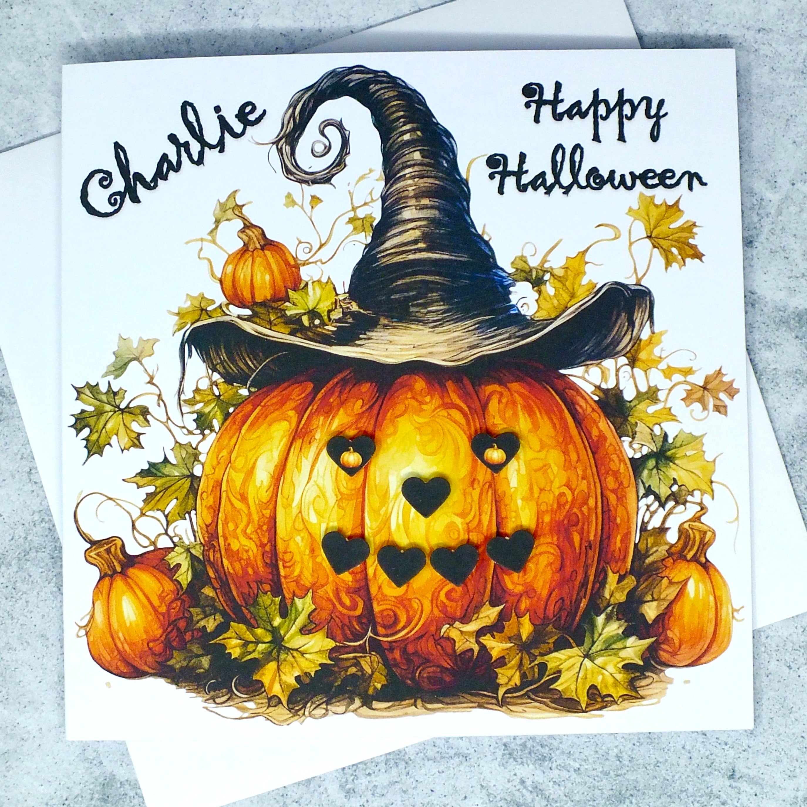 Personalised Happy Halloween Card - Leafy Pumpkin