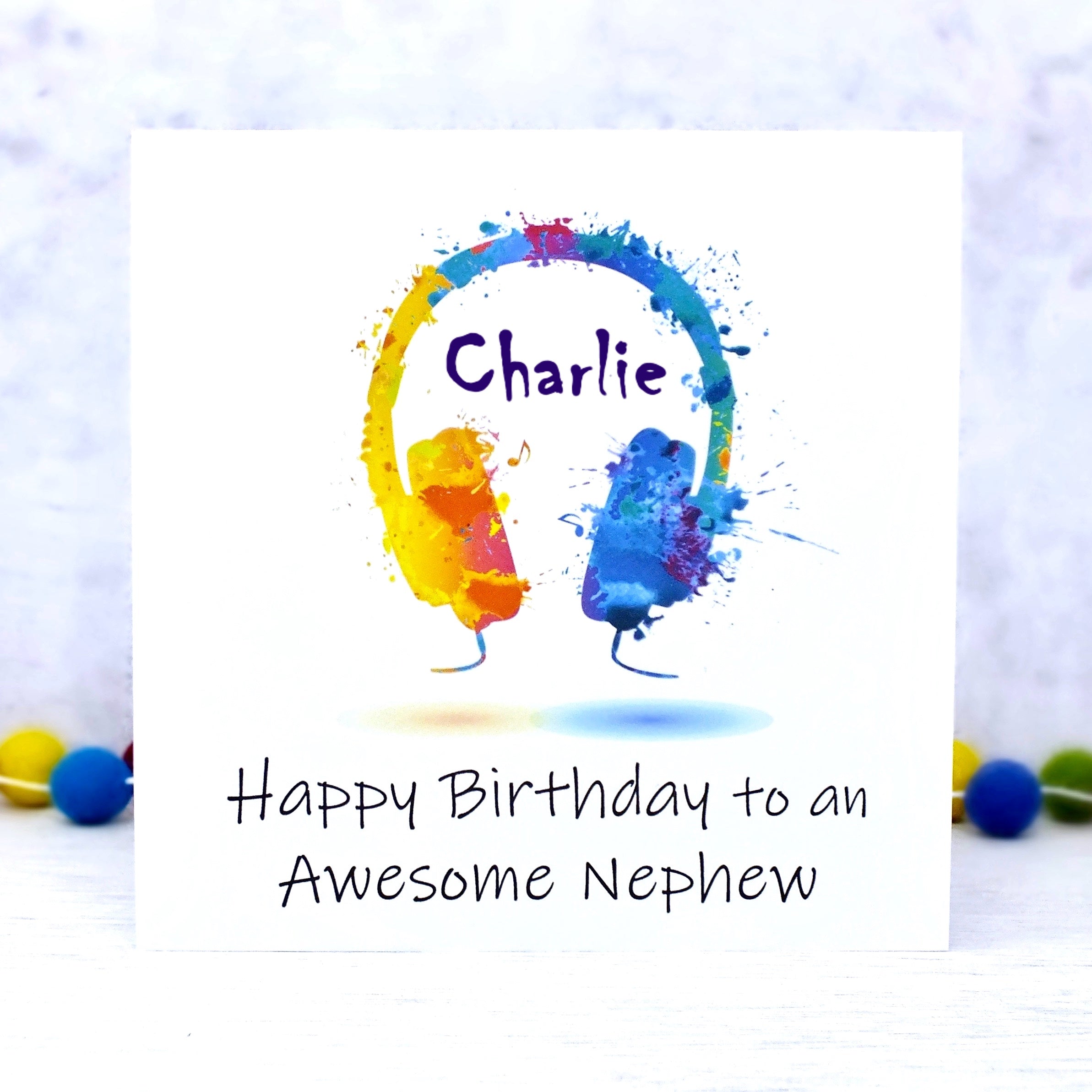 Personalised Nephew Birthday Card - Colourful Headphones