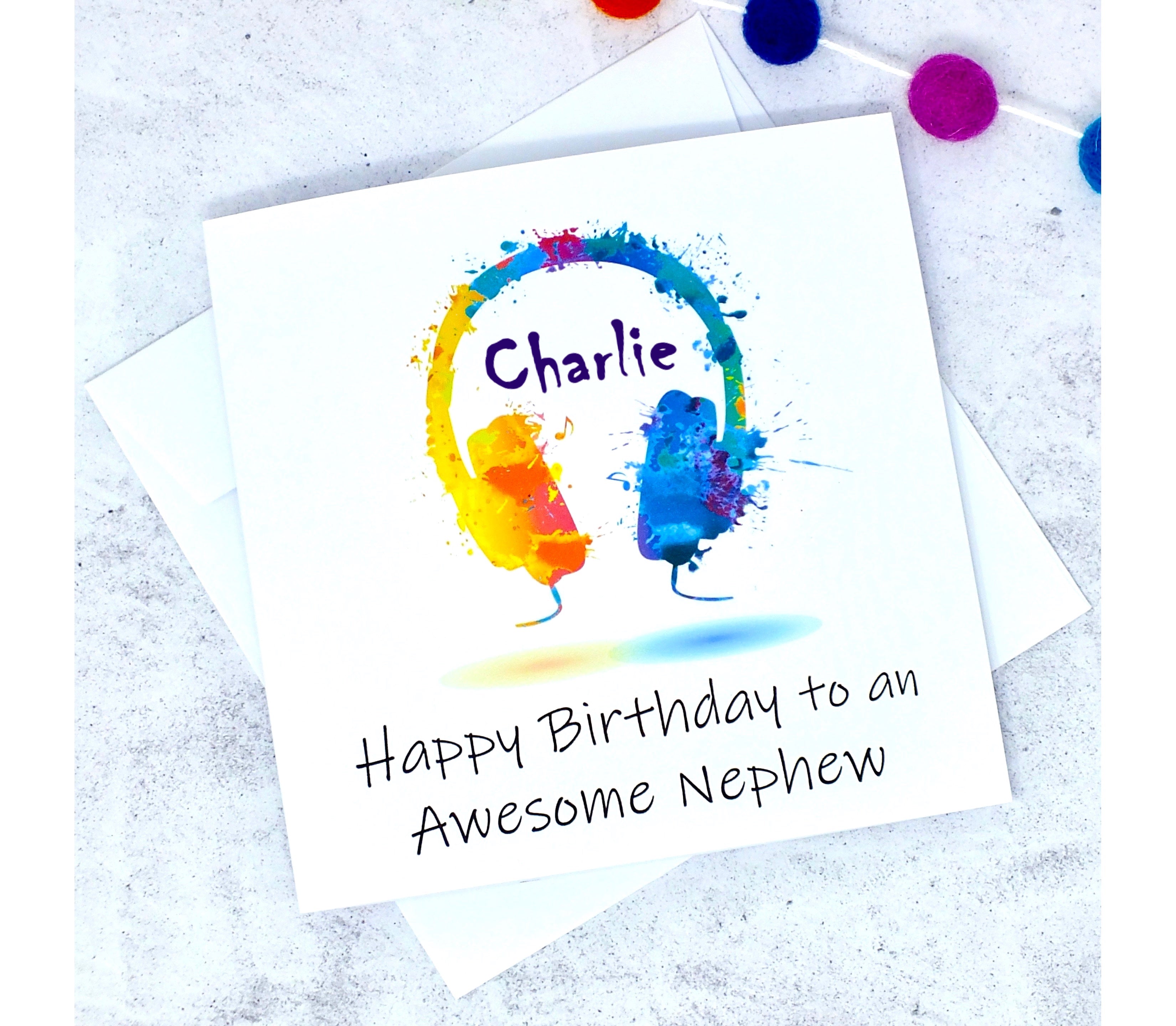 Personalised Nephew Birthday Card - Colourful Headphones