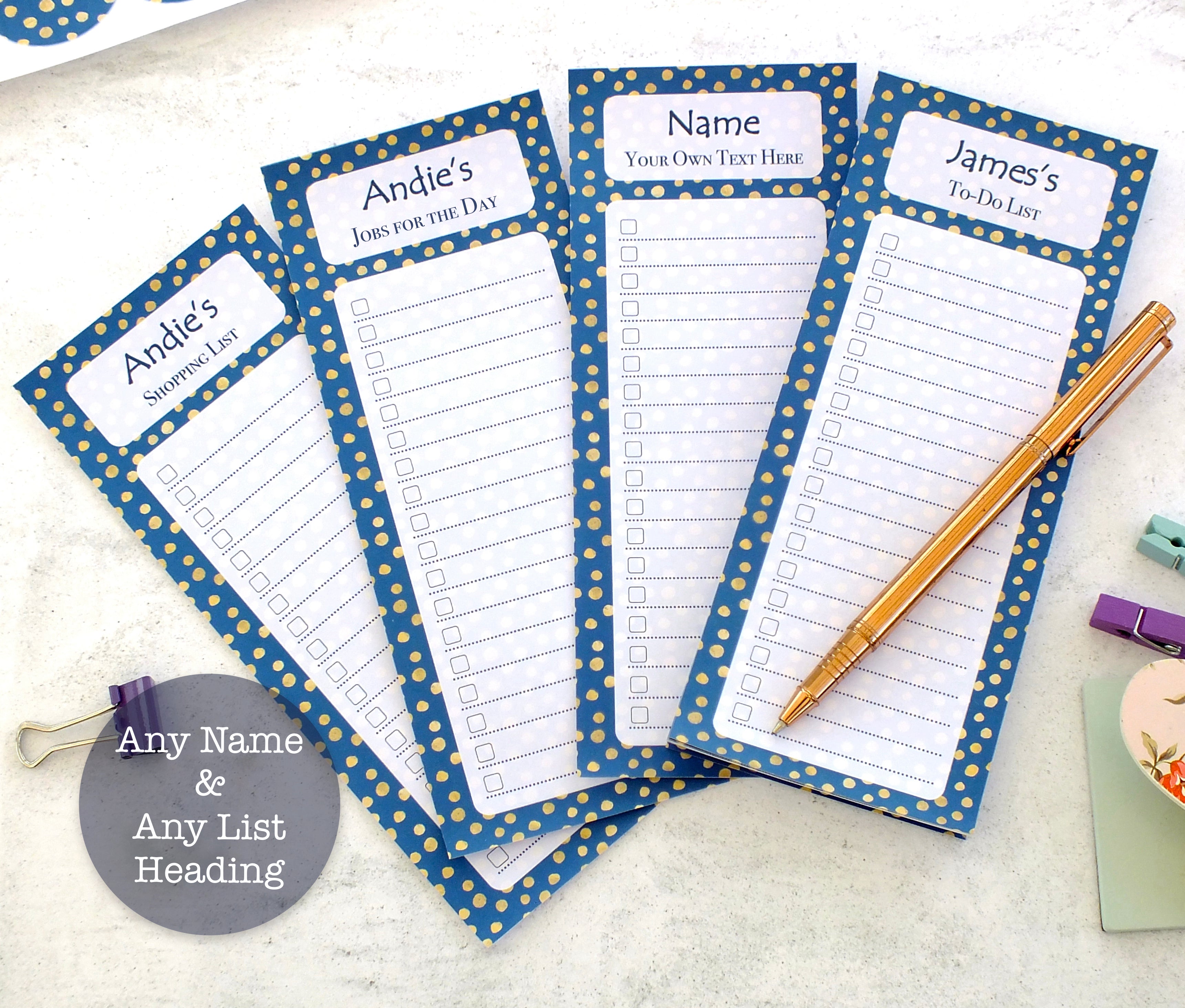 Personalised List Pad - To Do / Shopping / Any List Heading - Blue Spot