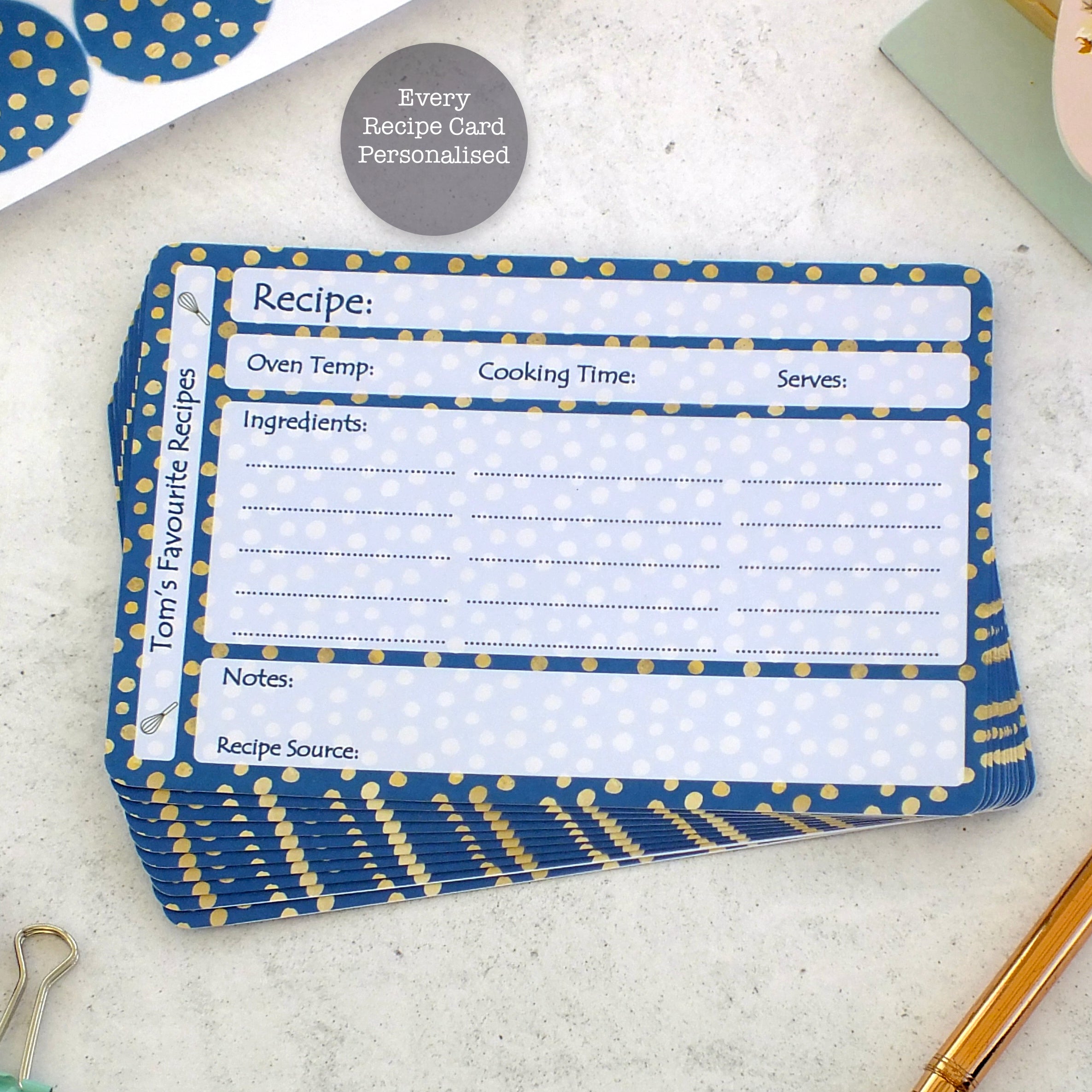 Personalised Recipe Cards - Blue Spot - Set of 10, 20, 30