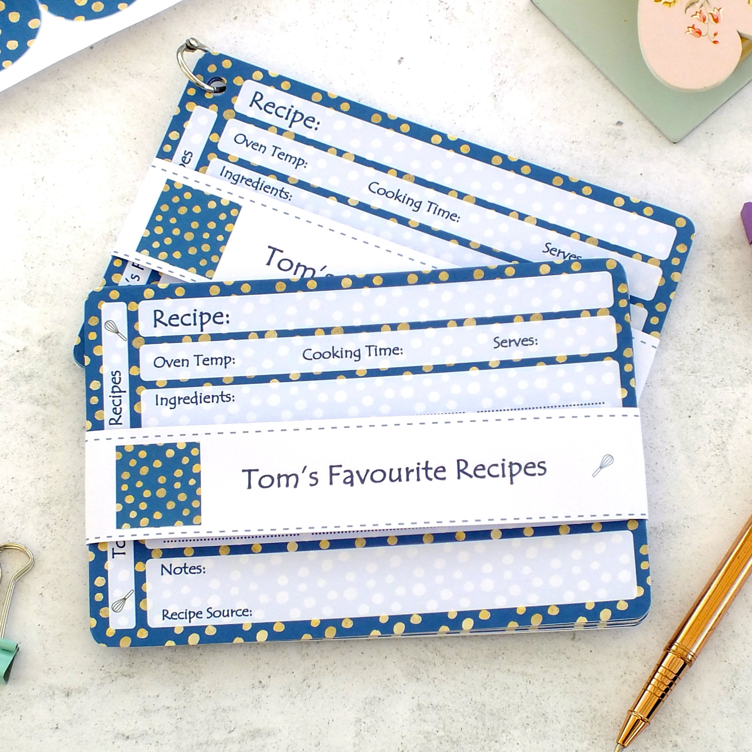 Personalised Recipe Cards - Blue Spot - Set of 10, 20, 30