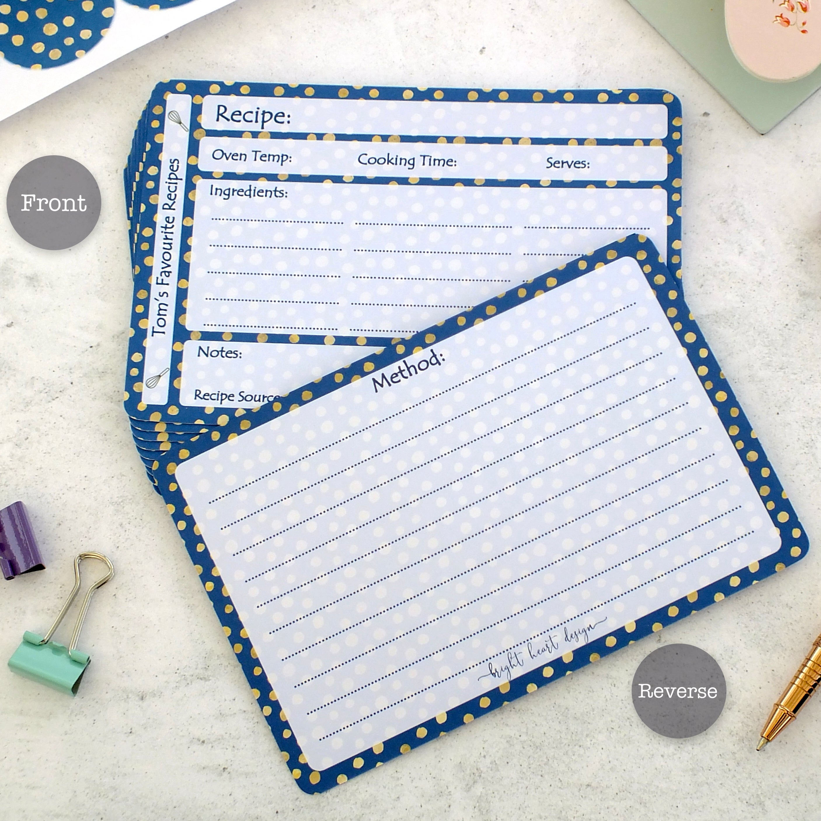 Personalised Recipe Cards - Blue Spot - Set of 10, 20, 30