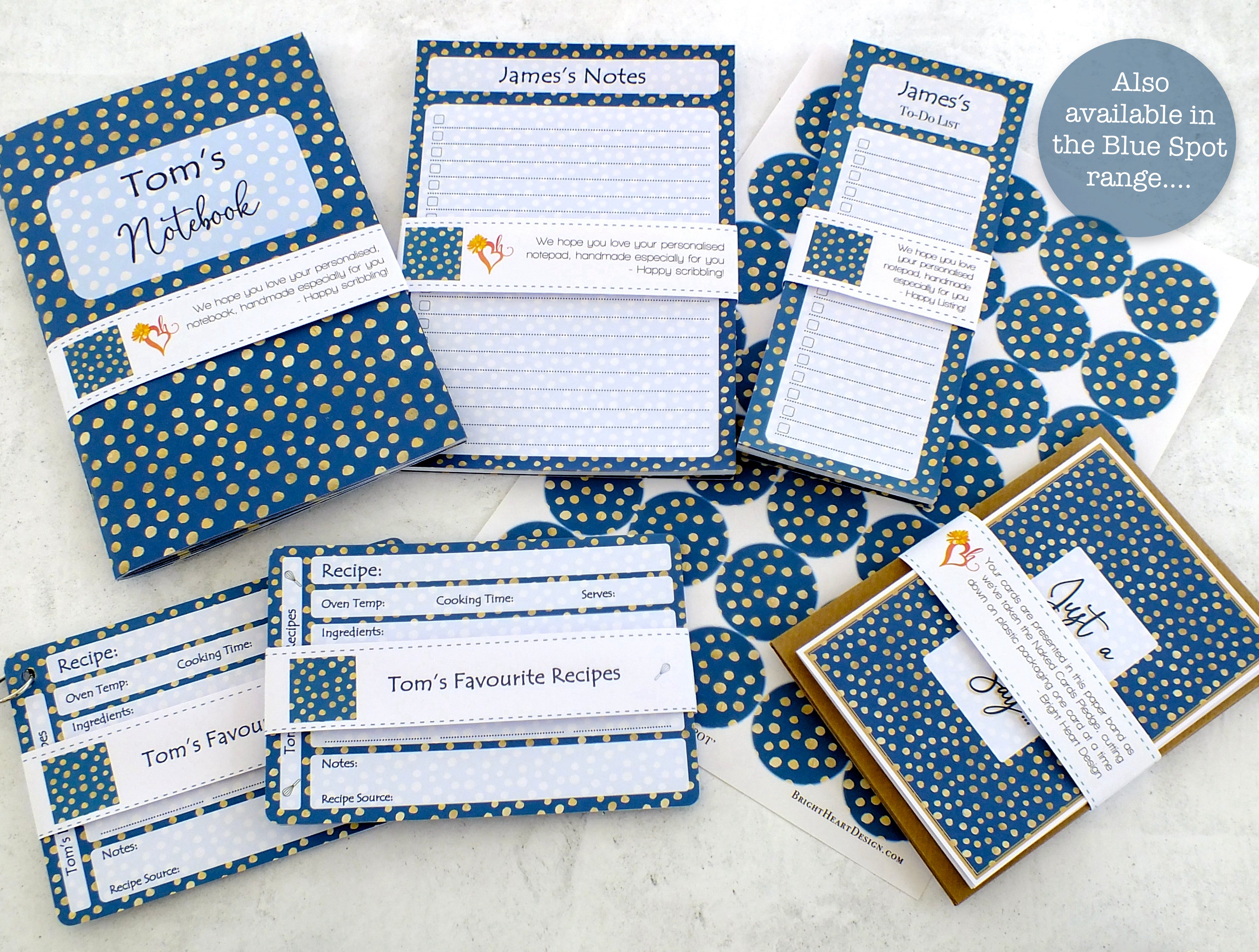 Personalised Recipe Cards - Blue Spot - Set of 10, 20, 30