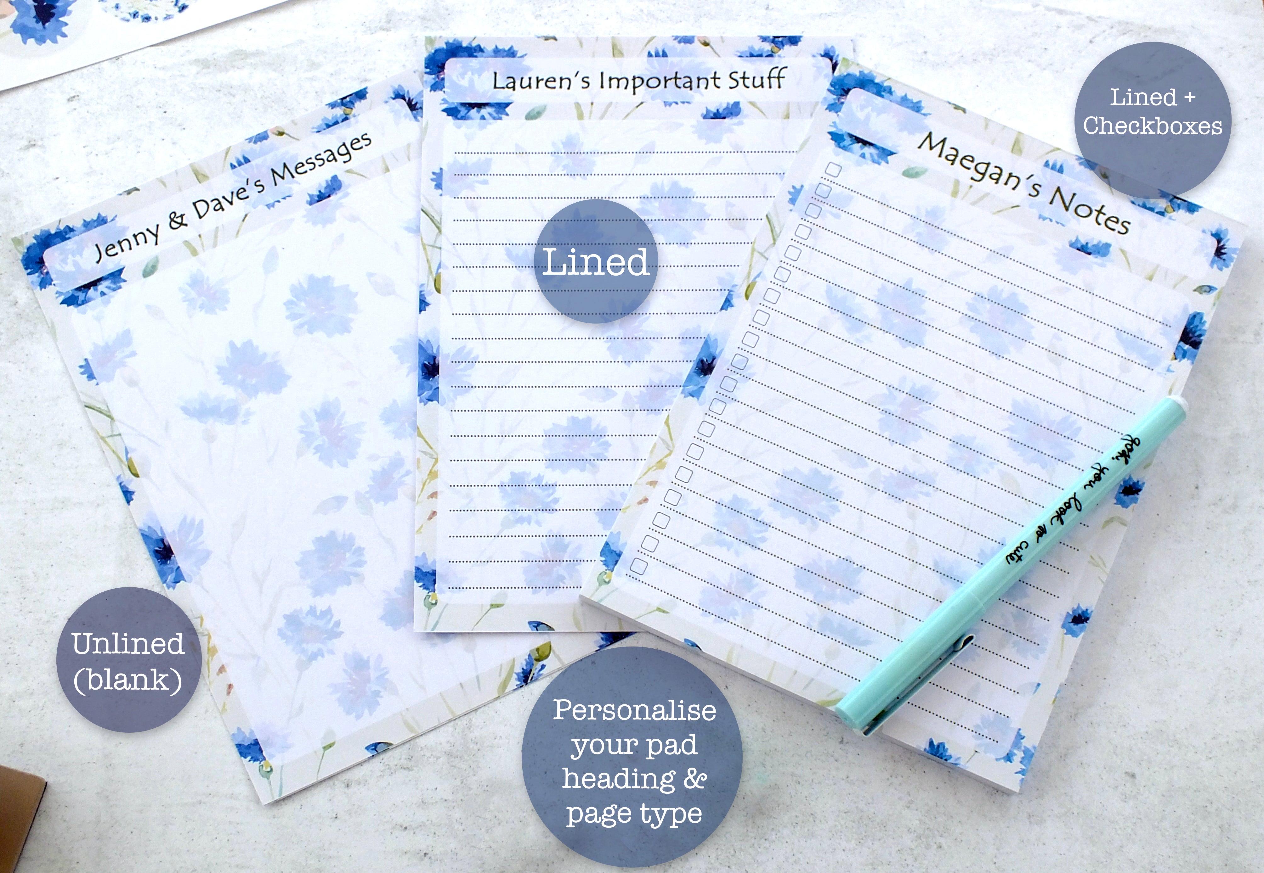 Personalised A5 Notepad - Any Heading - Cornflowers