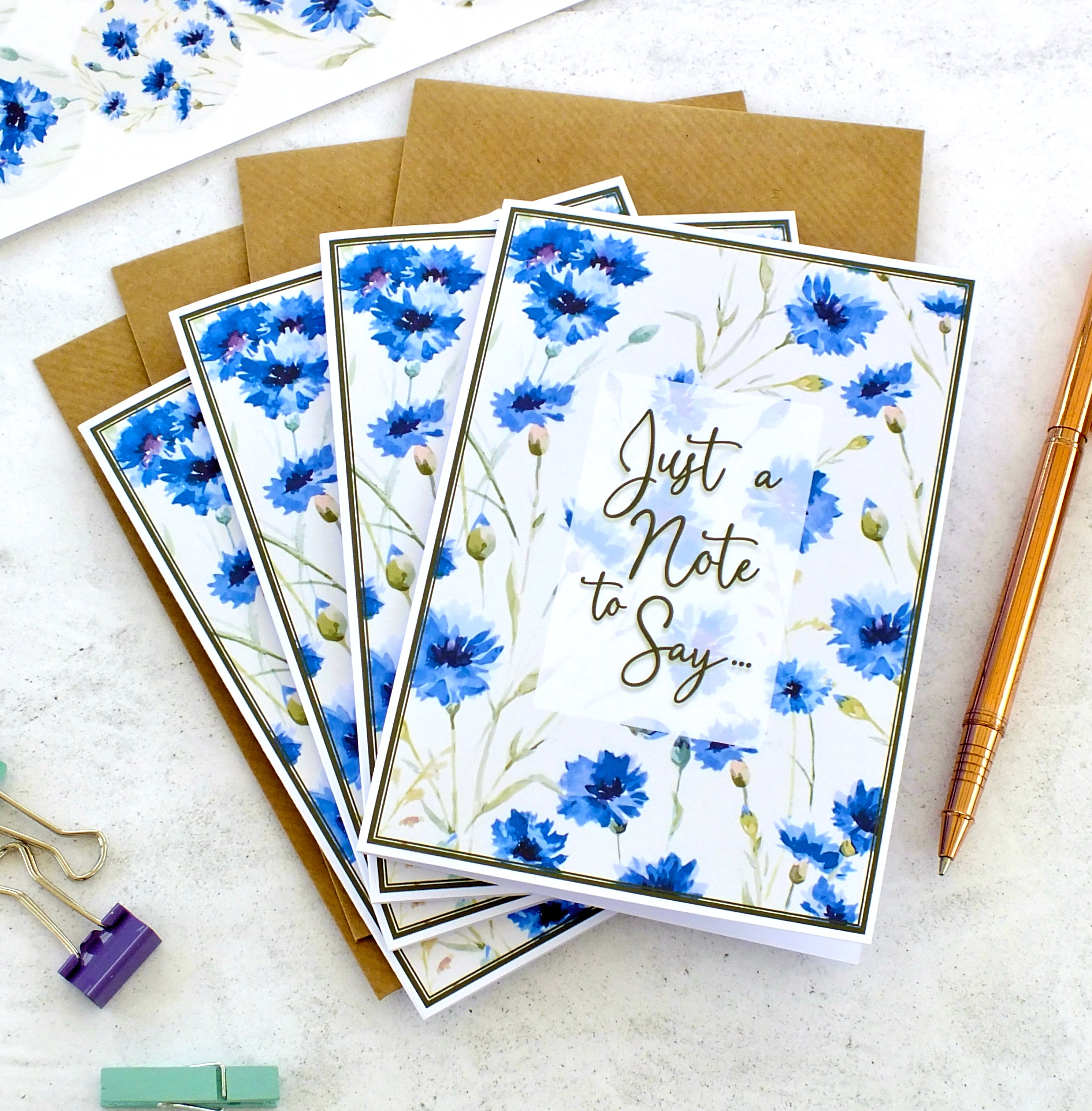 Pack of 4 Note Cards 'Just a Note to Say...' - Cornflowers