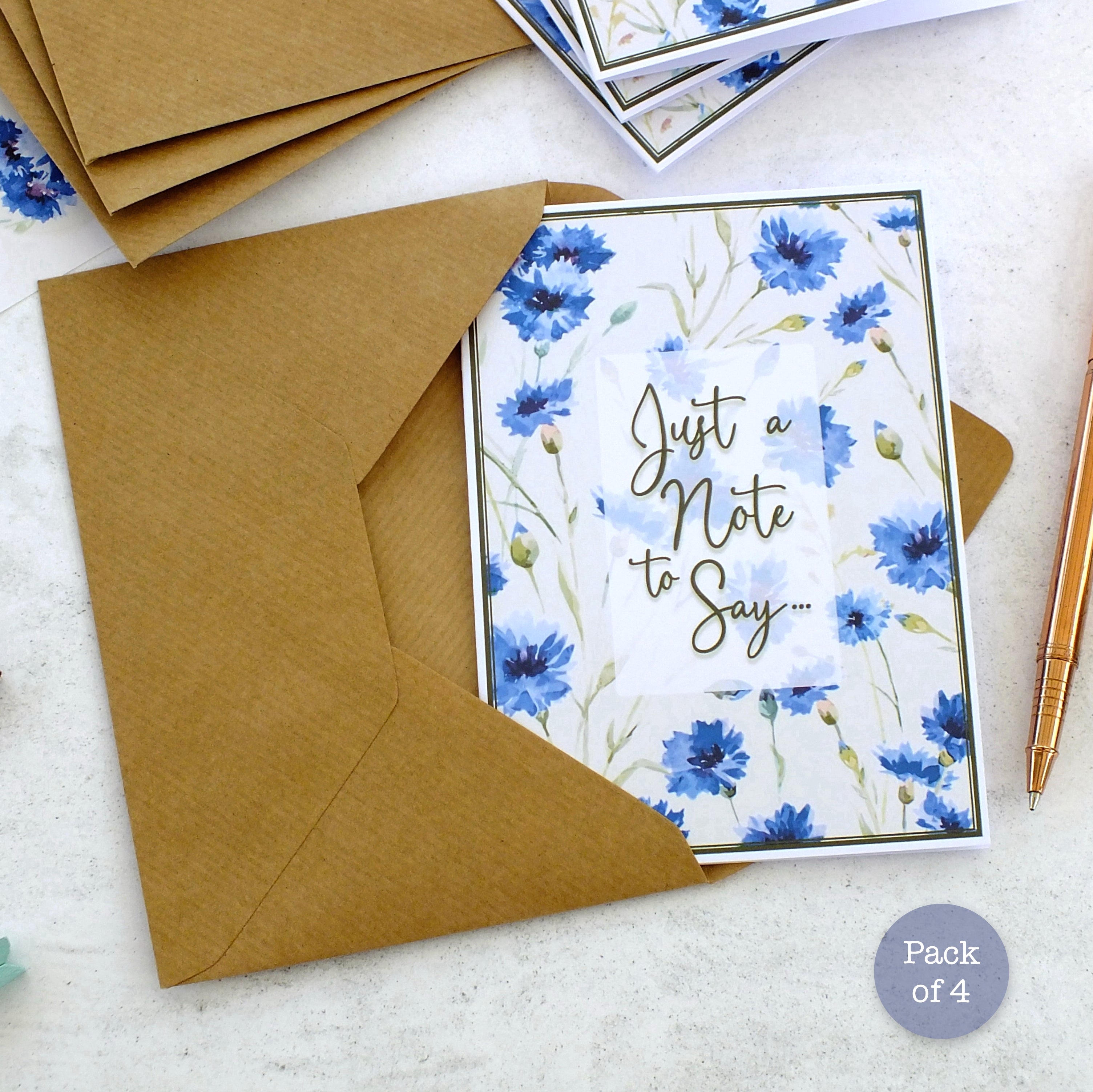 Pack of 4 Note Cards 'Just a Note to Say...' - Cornflowers