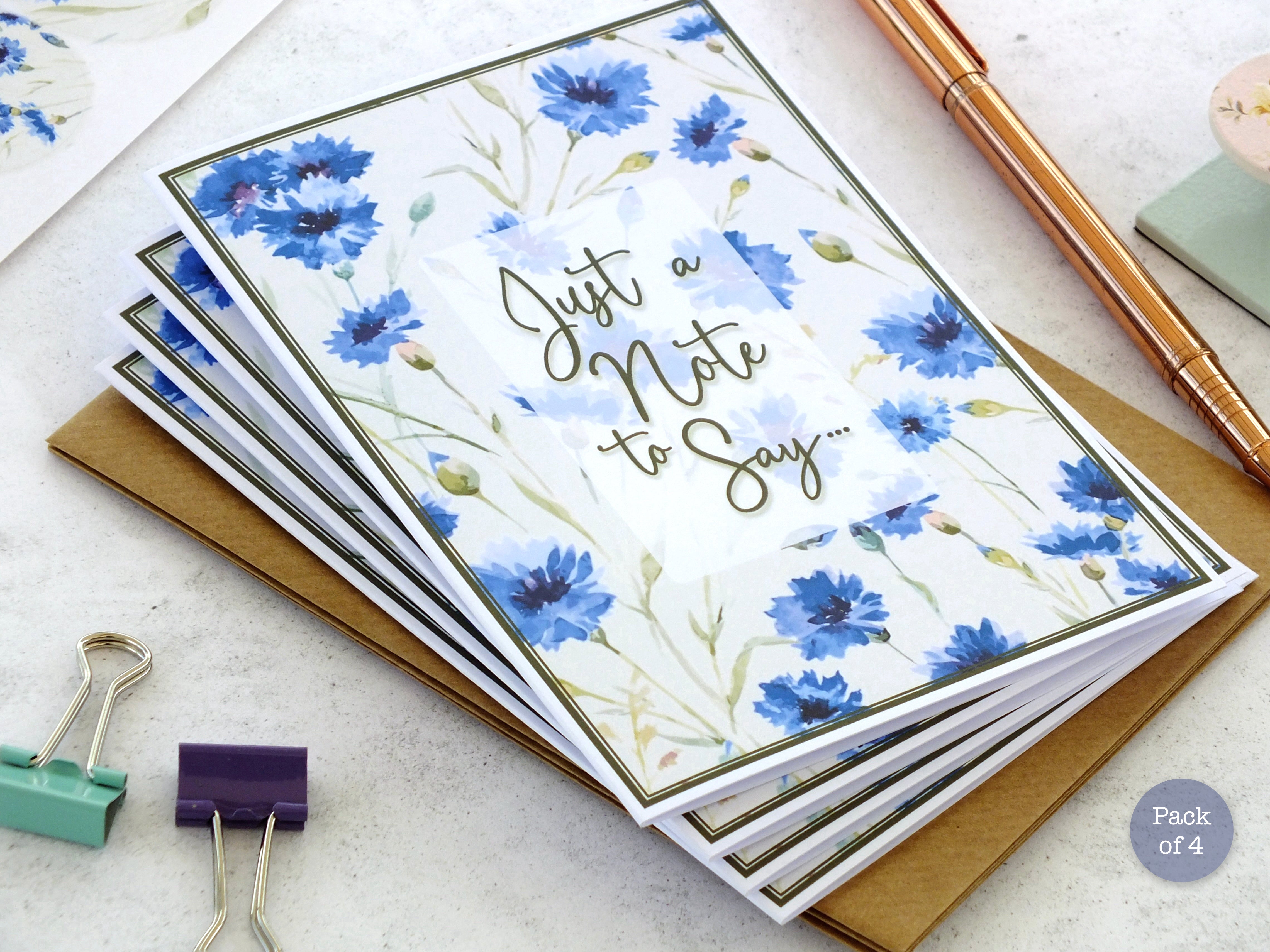 Pack of 4 Note Cards 'Just a Note to Say...' - Cornflowers