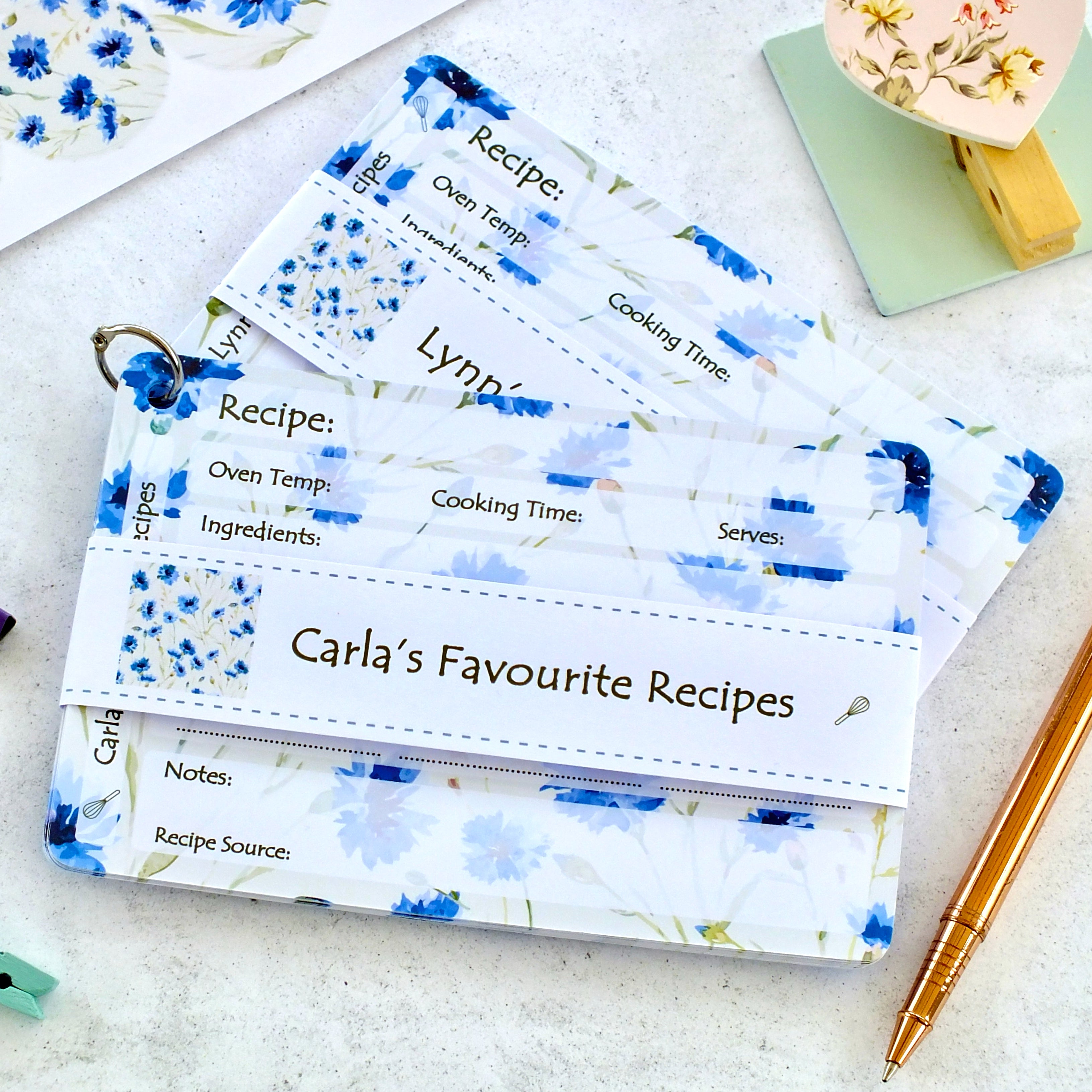 Personalised Recipe Cards - Cornflowers - Set of 10, 20, 30
