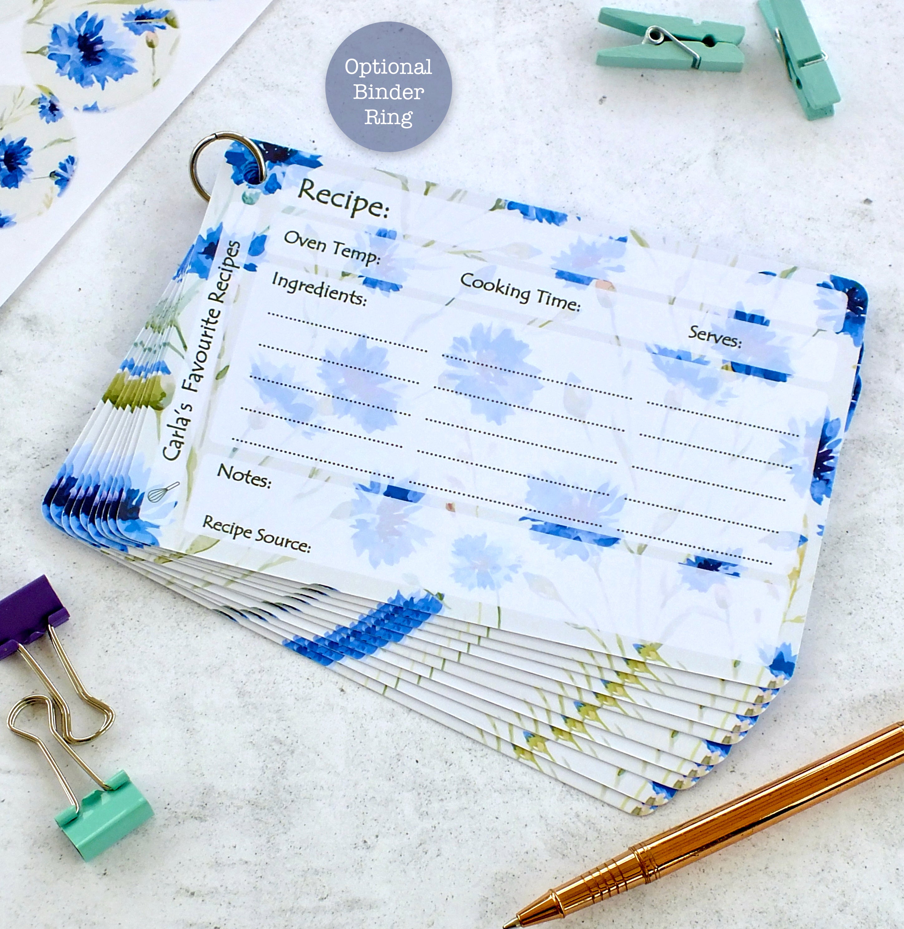 Personalised Recipe Cards - Cornflowers - Set of 10, 20, 30
