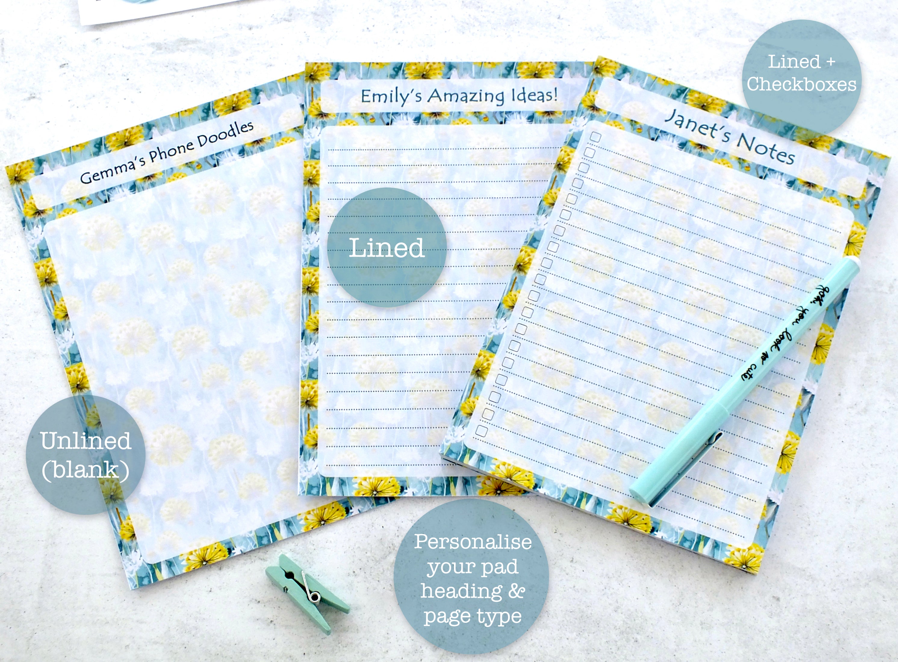 Personalised A5 Notepad - Any Heading - Dandelions