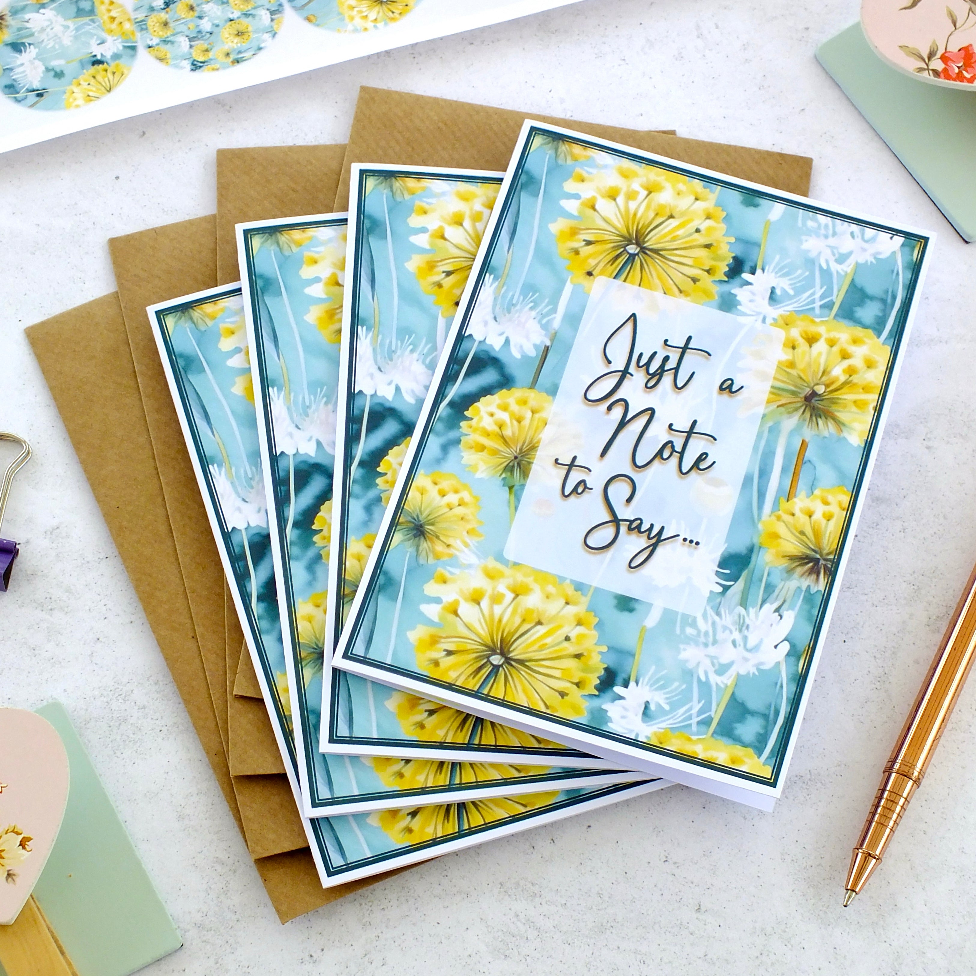 Pack of 4 Note Cards 'Just a Note to Say...' - Dandelions