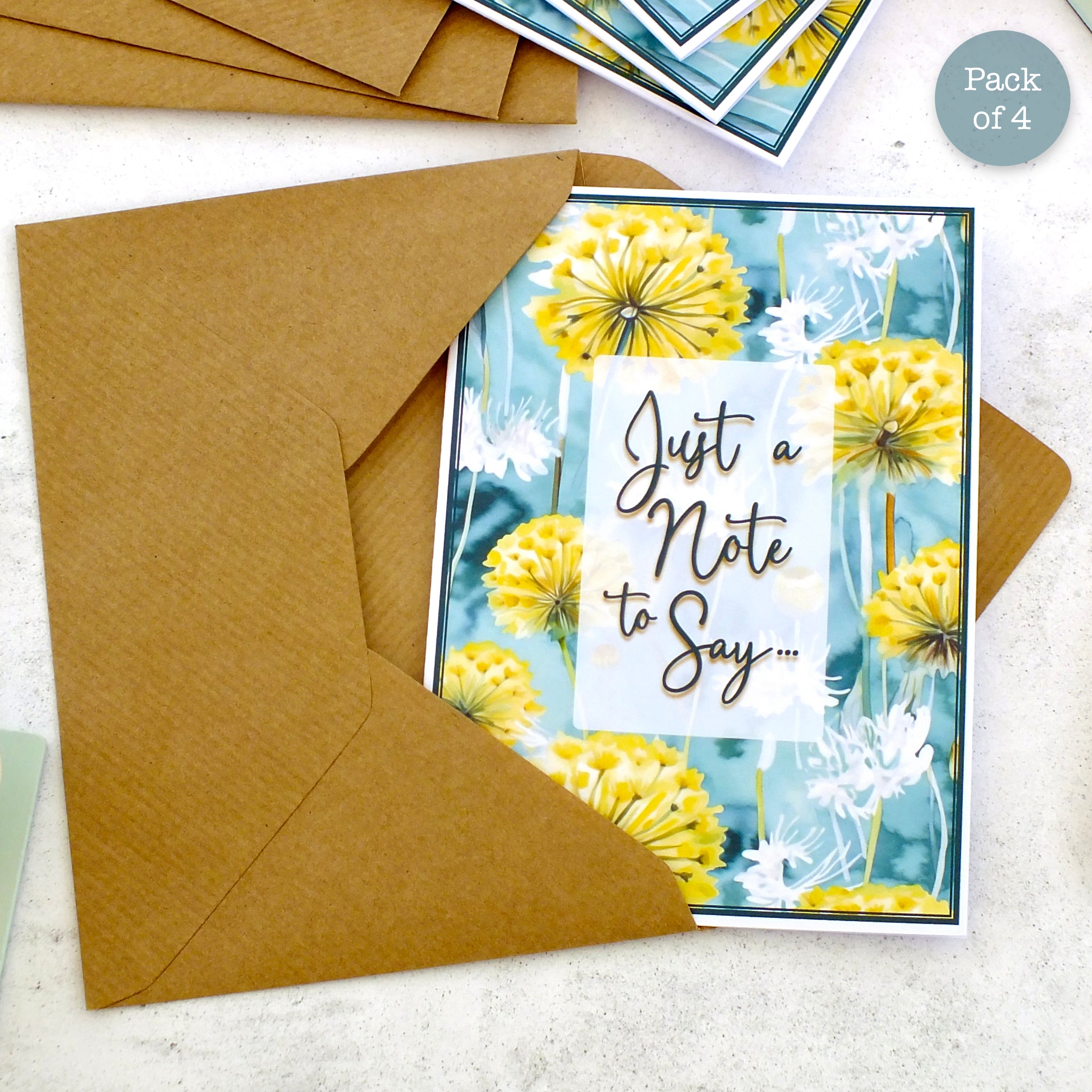 Pack of 4 Note Cards 'Just a Note to Say...' - Dandelions