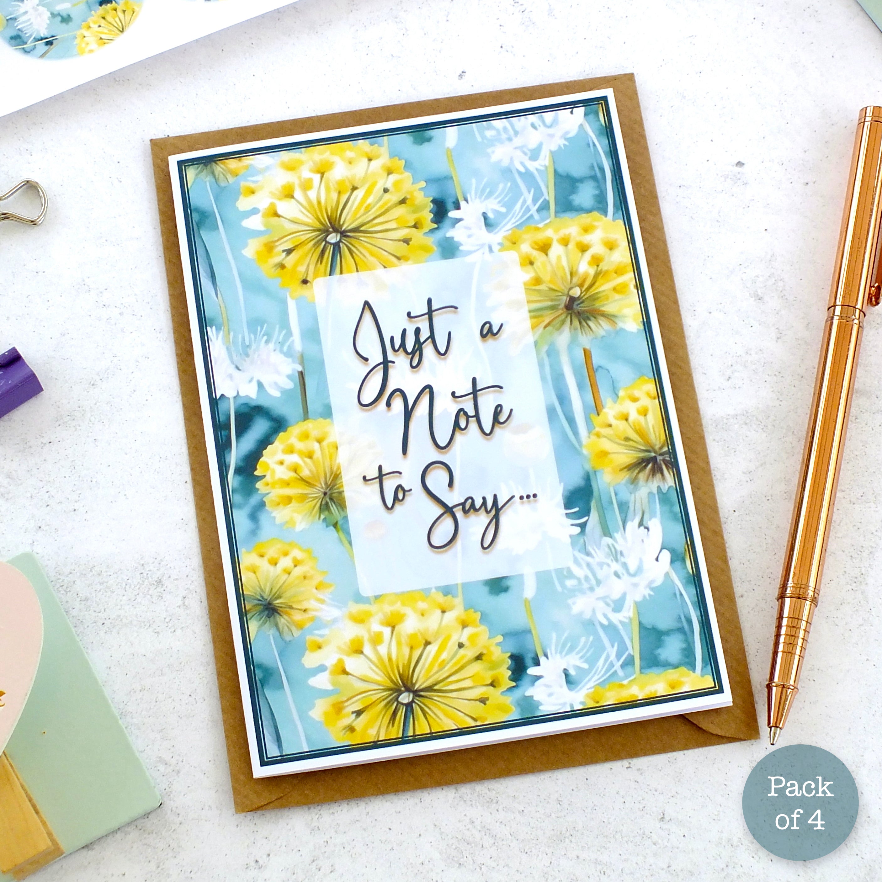 Pack of 4 Note Cards 'Just a Note to Say...' - Dandelions