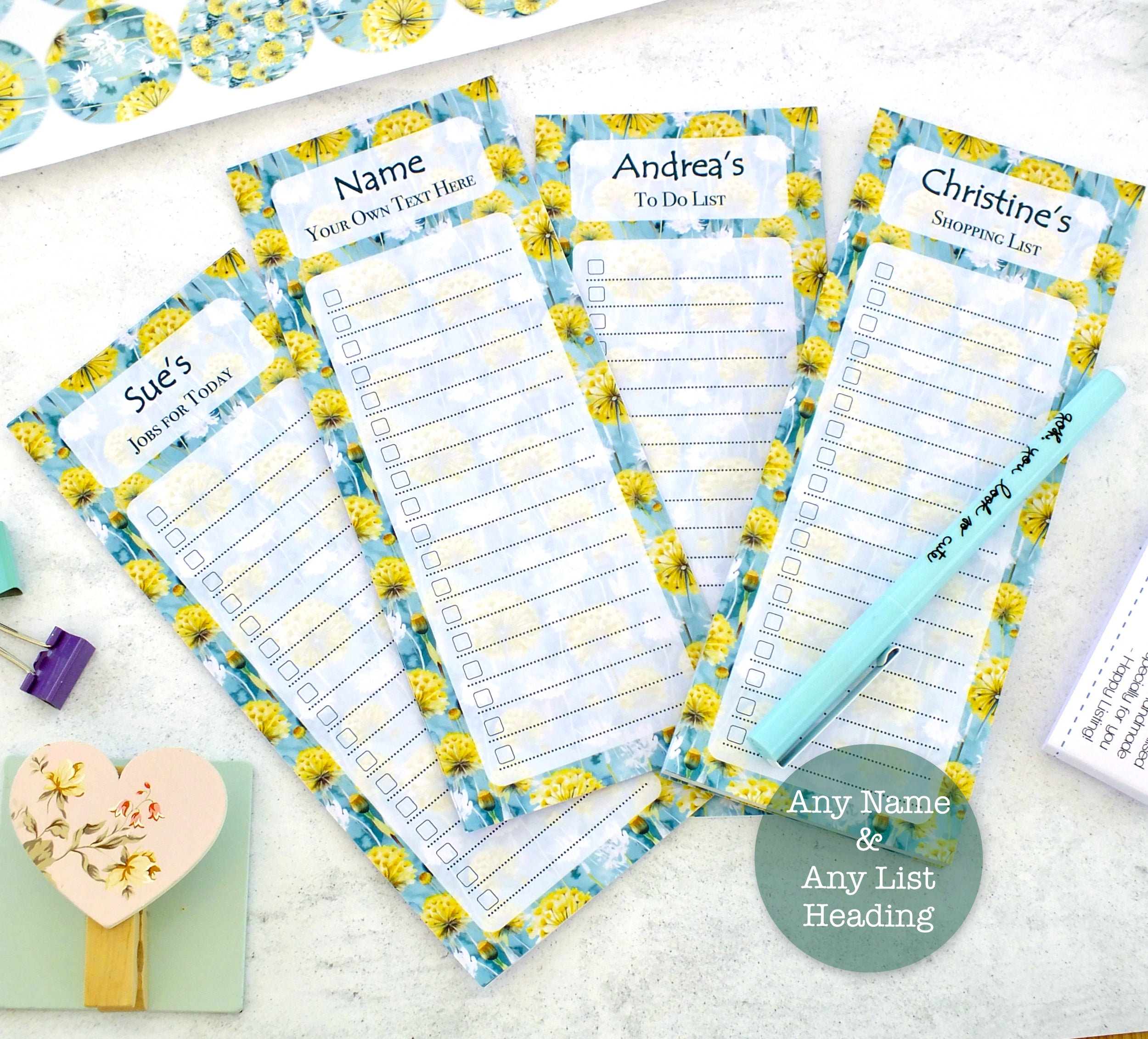 Personalised List Pad - To Do / Shopping / Any List Heading - Dandelions