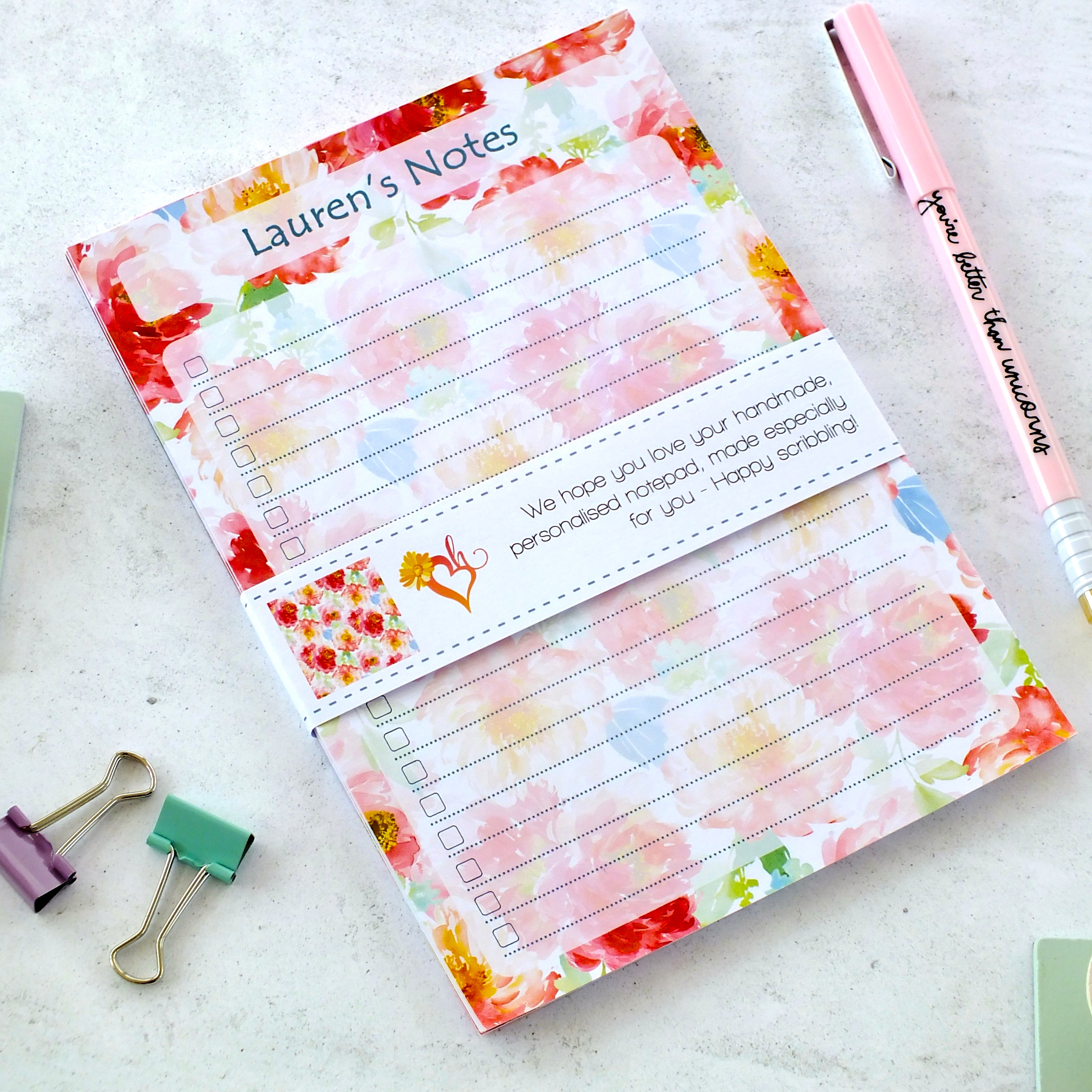 Personalised A5 Notepad - Any Heading - Peonies