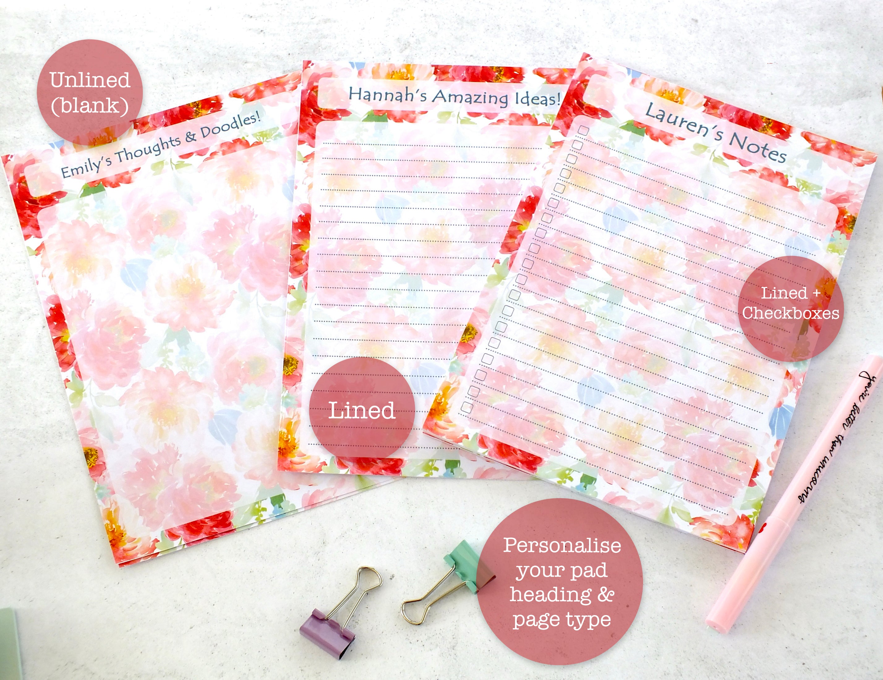 Personalised A5 Notepad - Any Heading - Peonies