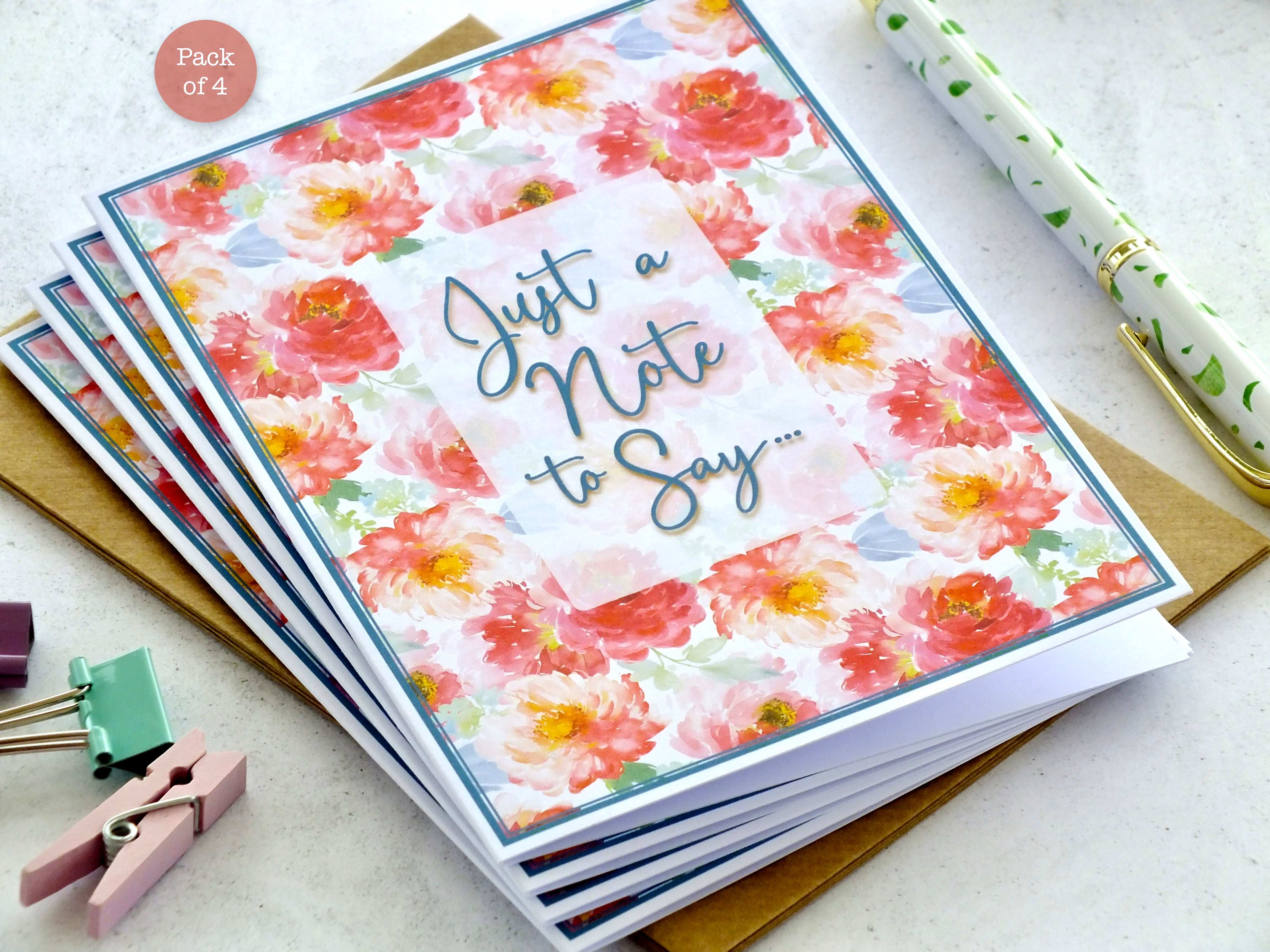 Pack of 4 Note Cards 'Just a Note to Say...' - Peonies