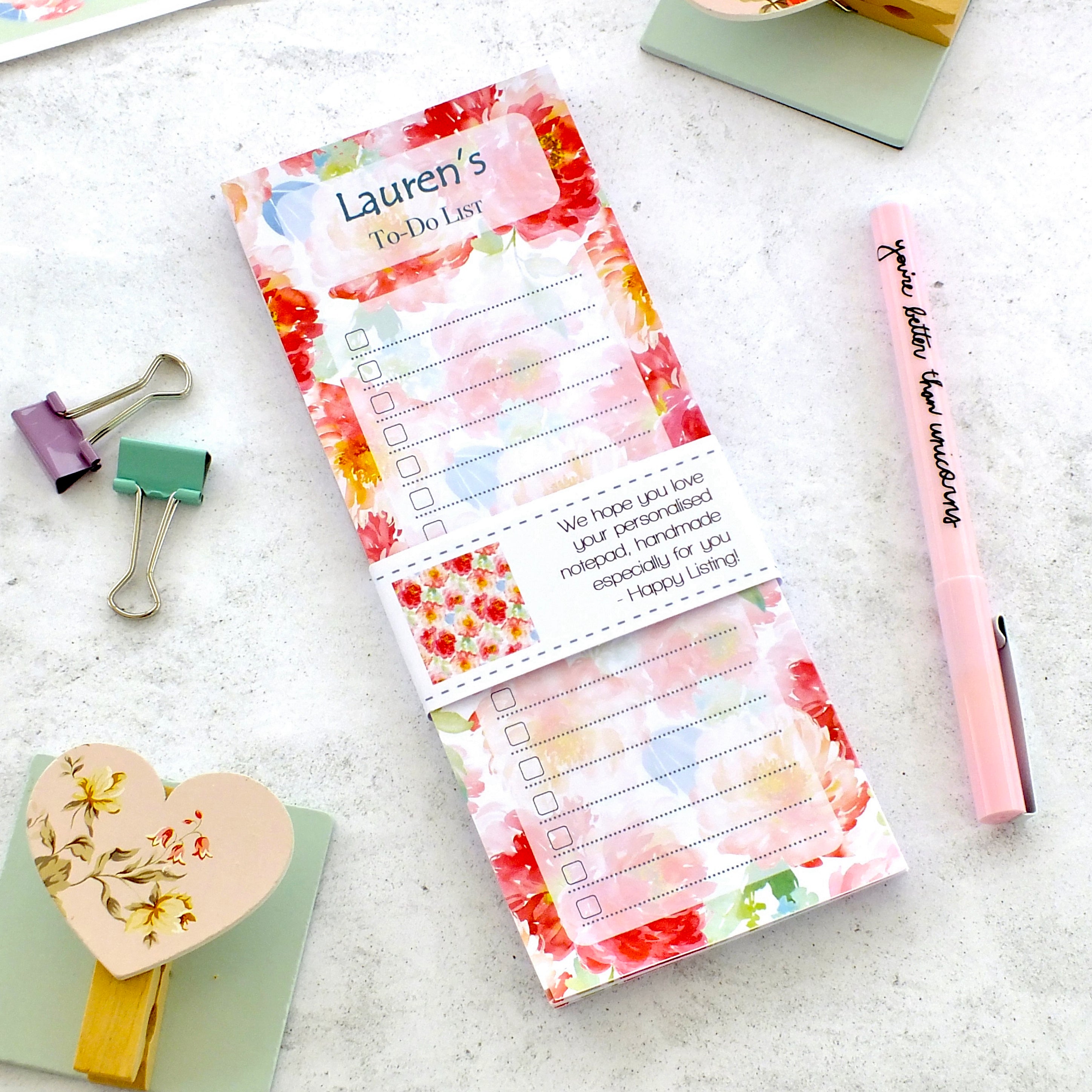 Personalised List Pad - To Do / Shopping / Any List Heading - Peonies