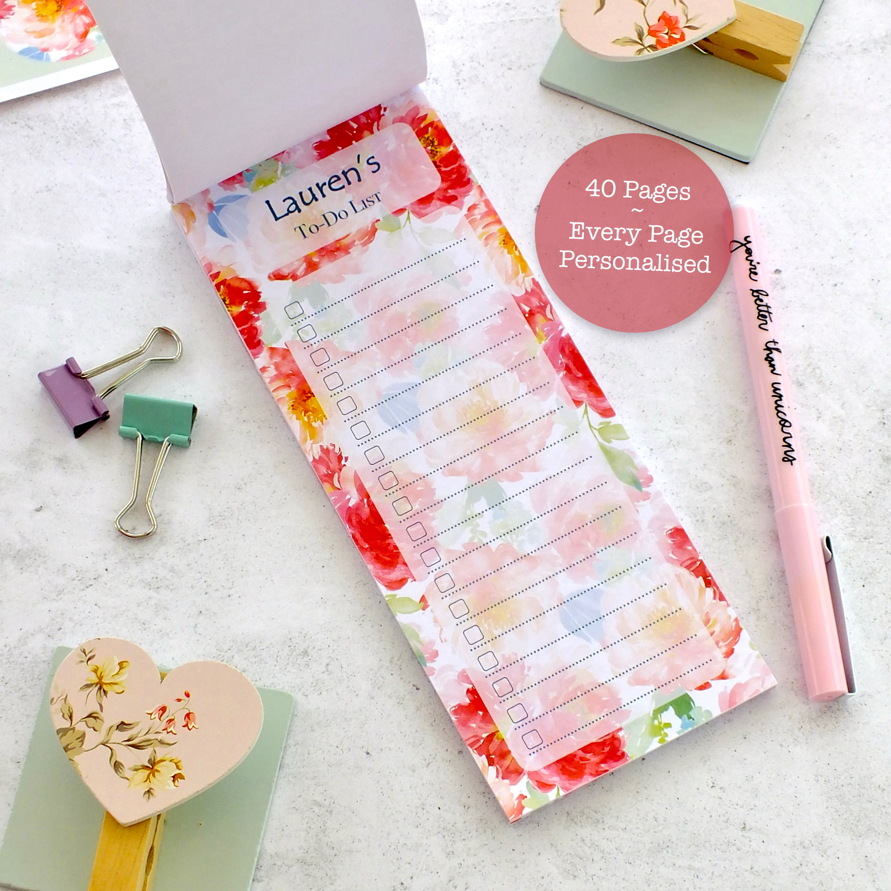 Personalised List Pad - To Do / Shopping / Any List Heading - Peonies