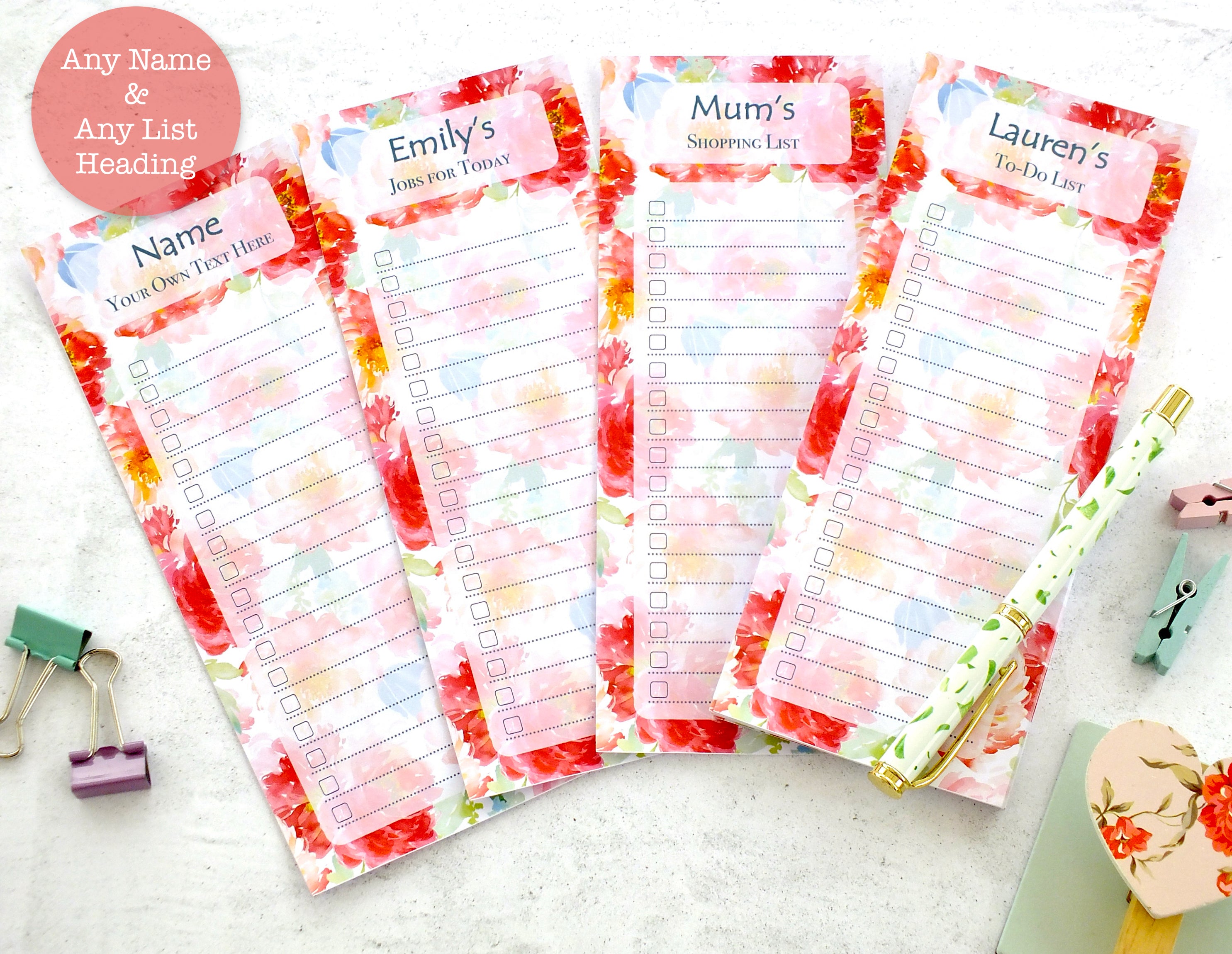 Personalised List Pad - To Do / Shopping / Any List Heading - Peonies