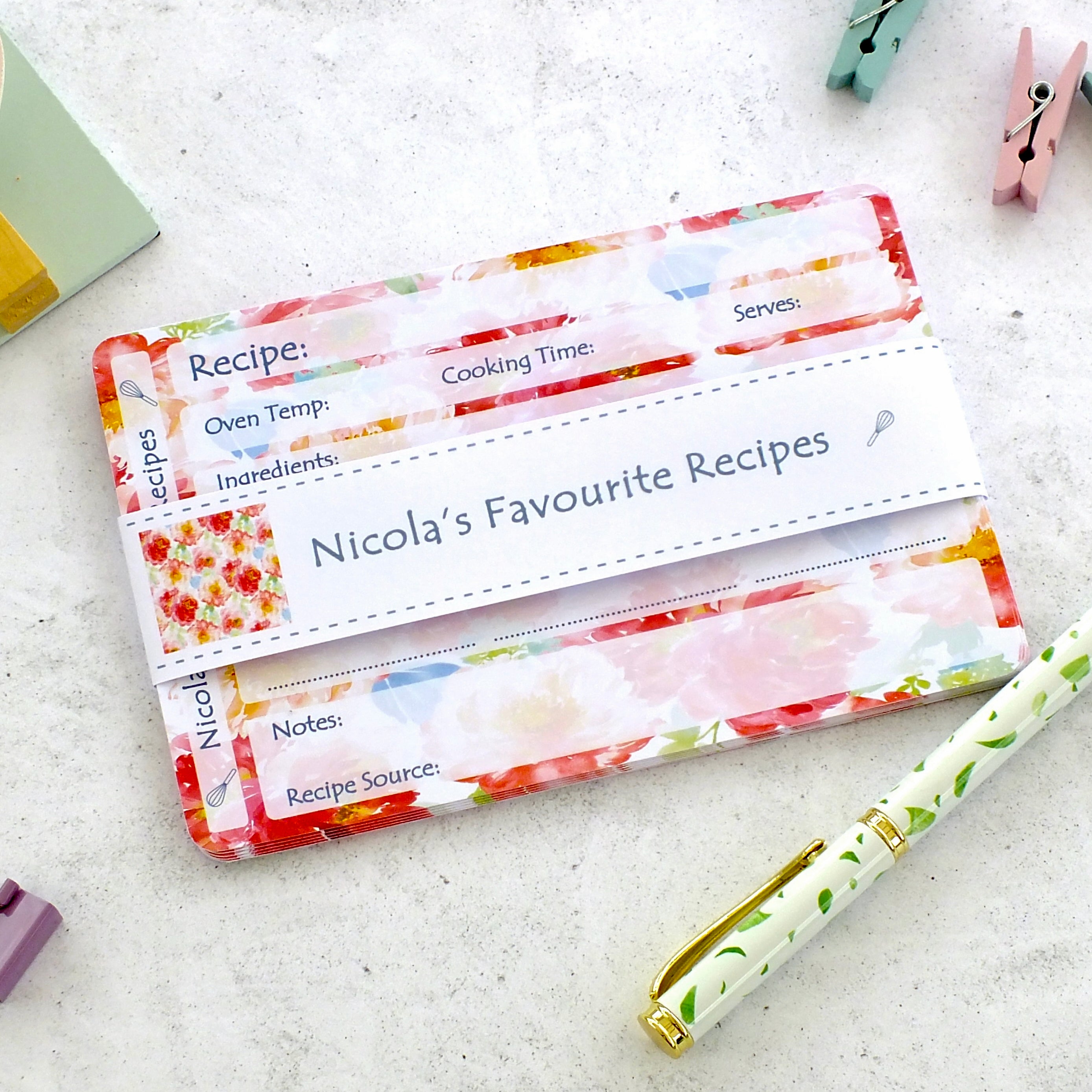 Personalised Recipe Cards - Peonies - Set of 10, 20, 30