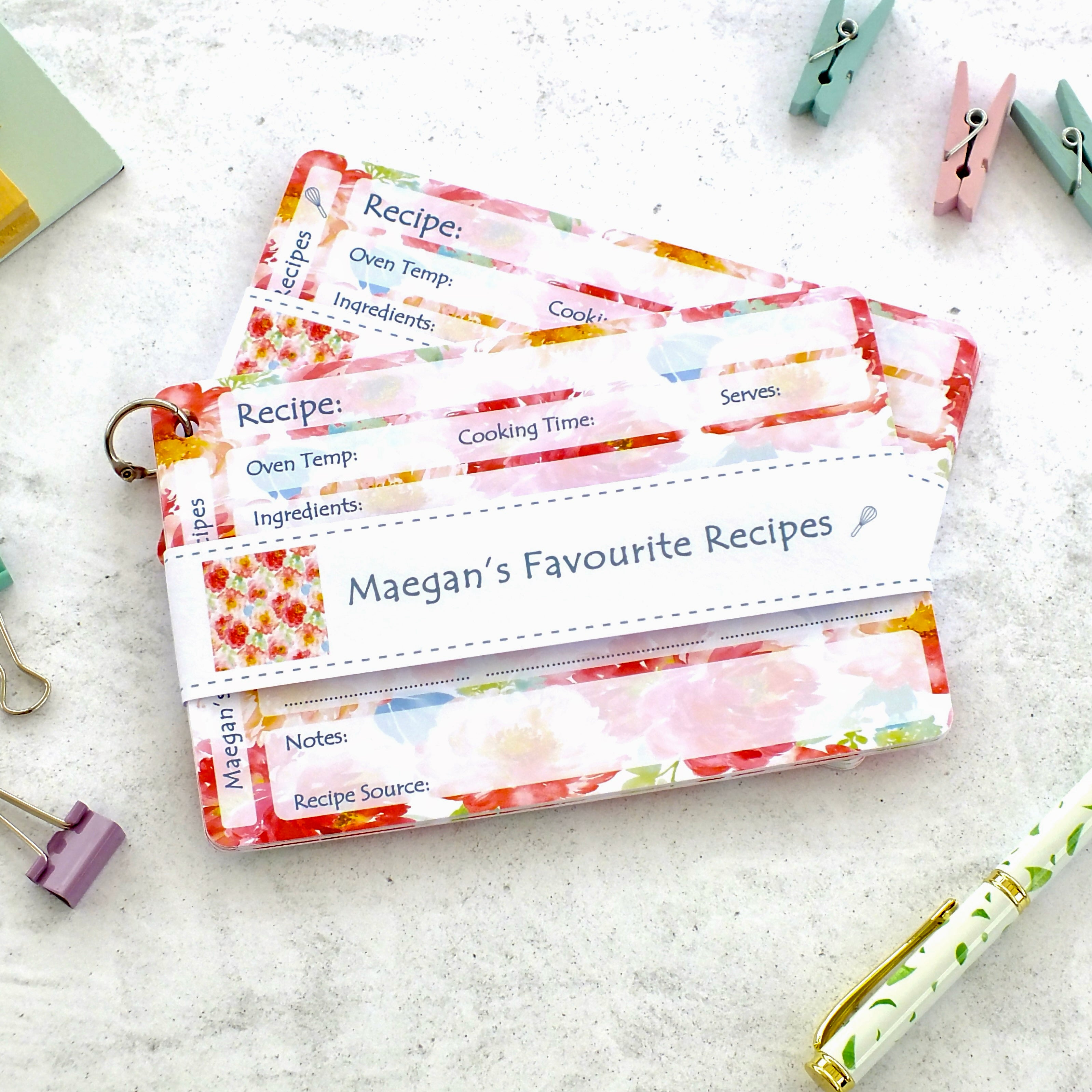 Personalised Recipe Cards - Peonies - Set of 10, 20, 30
