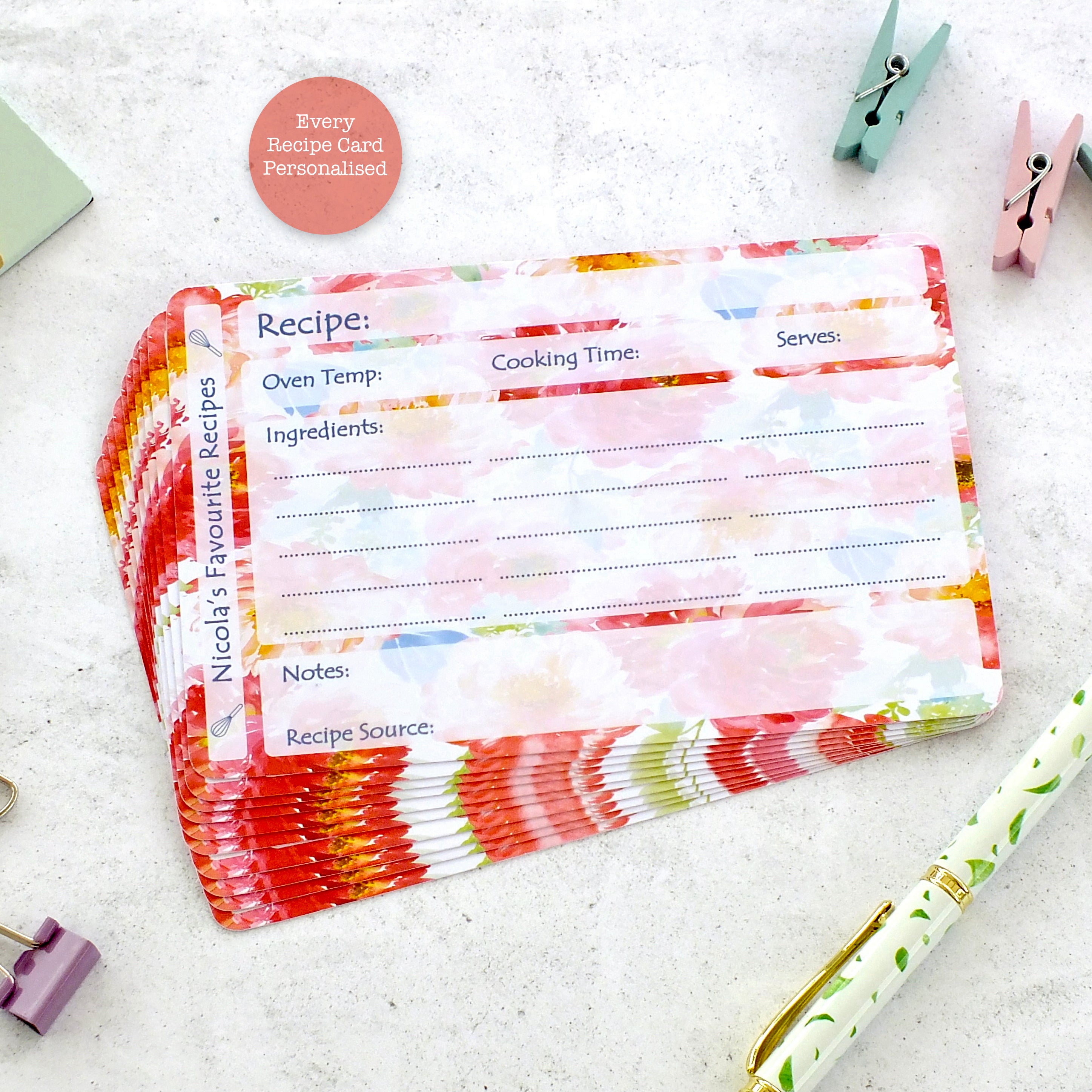 Personalised Recipe Cards - Peonies - Set of 10, 20, 30