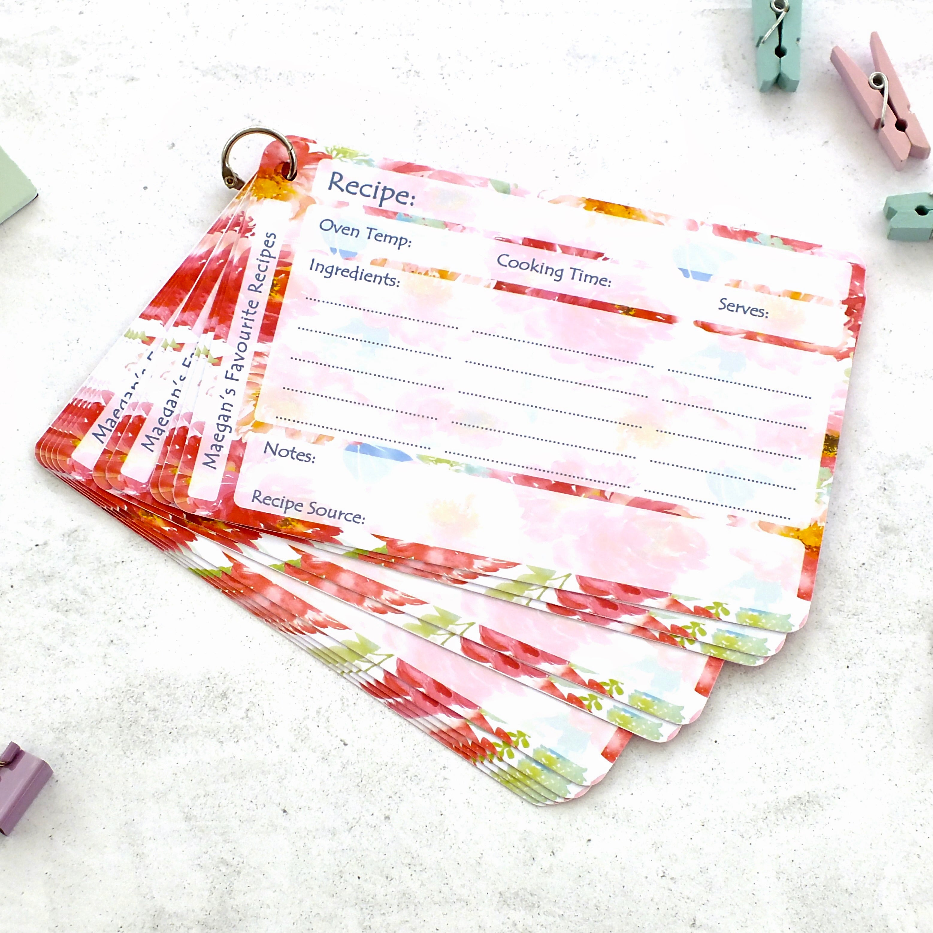 Personalised Recipe Cards - Peonies - Set of 10, 20, 30