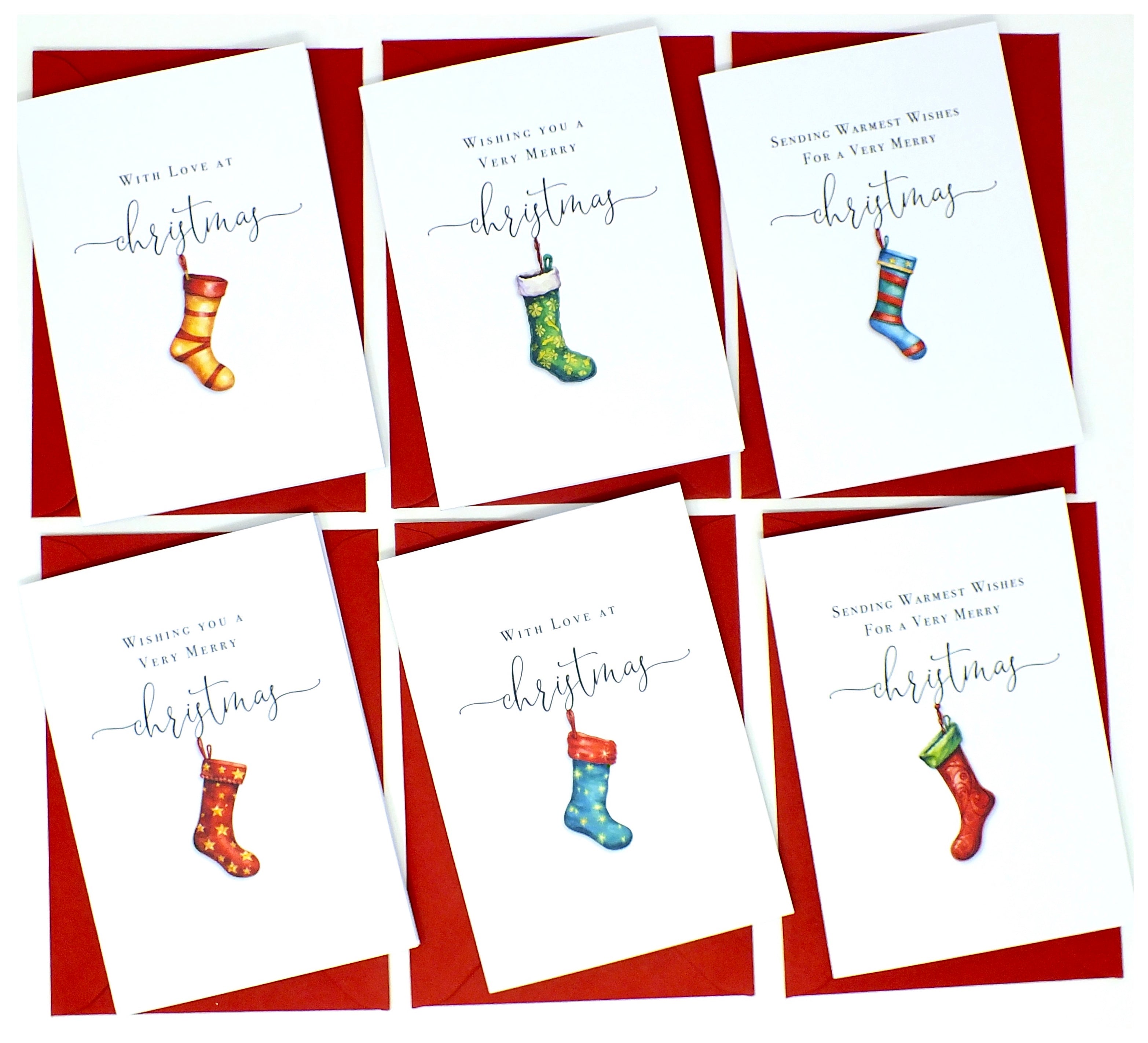 Pack of 6 Christmas Cards & Envelopes - Xmas Stockings