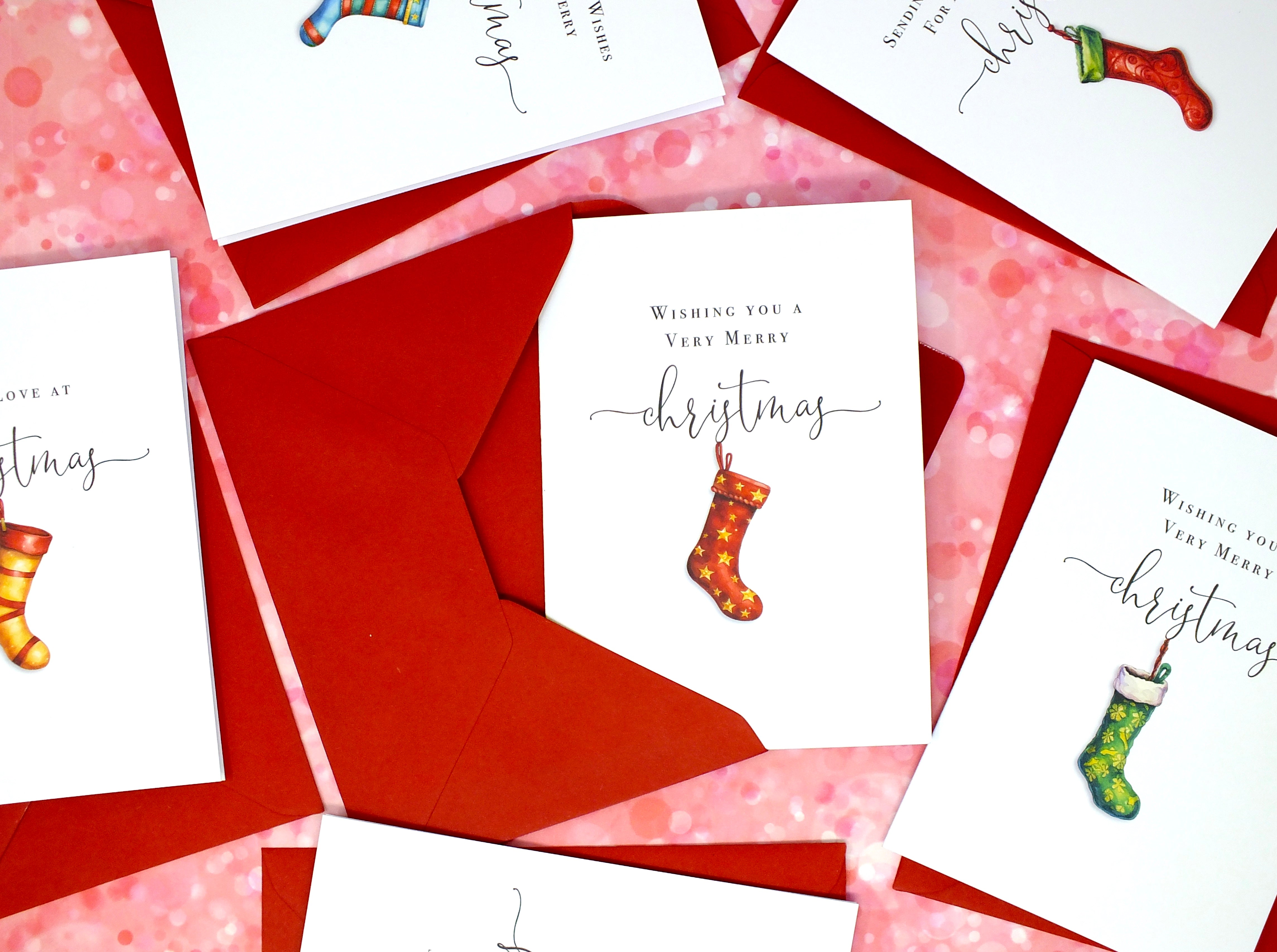 Pack of 6 Christmas Cards & Envelopes - Xmas Stockings