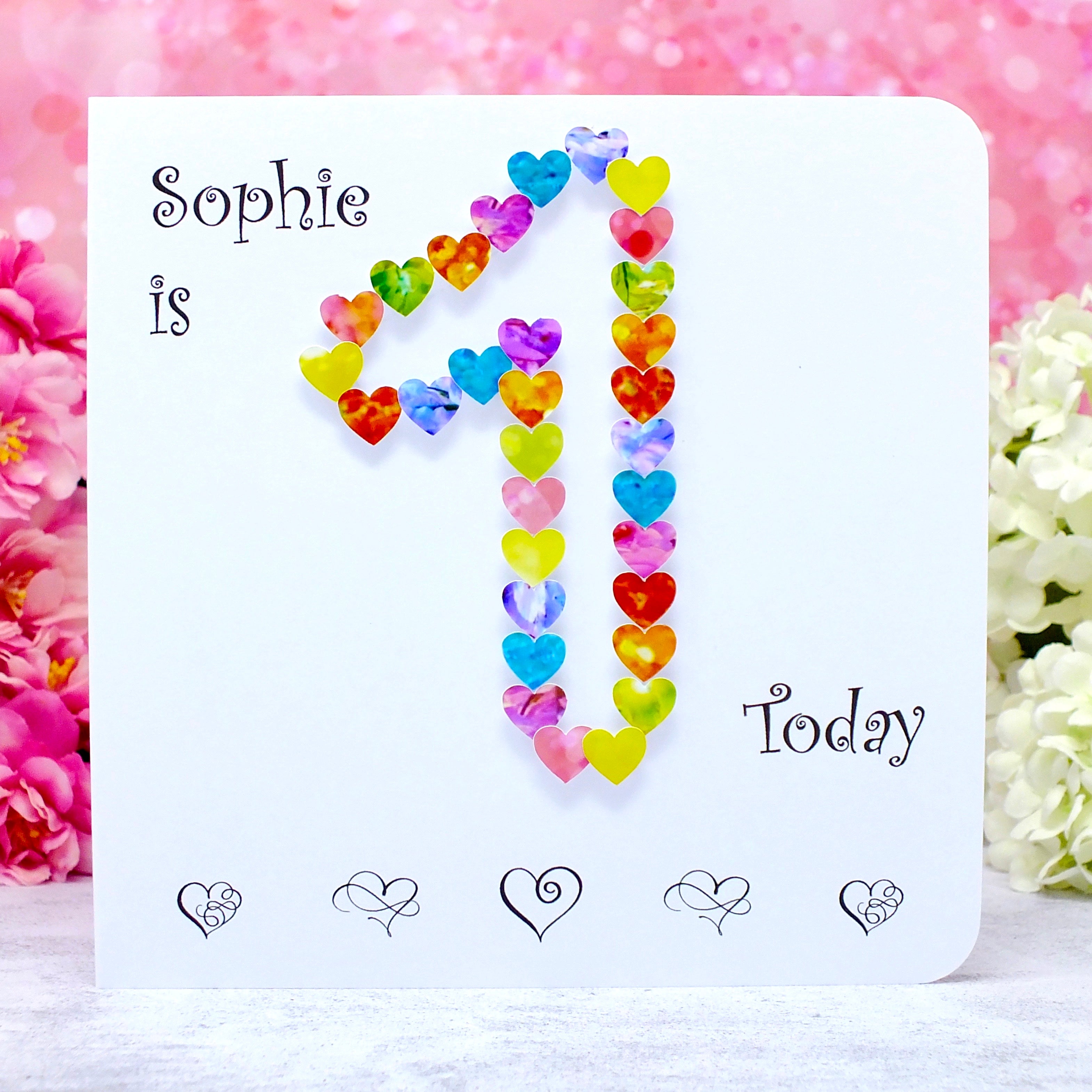 1st Birthday Card - Hearts, Personalised Main