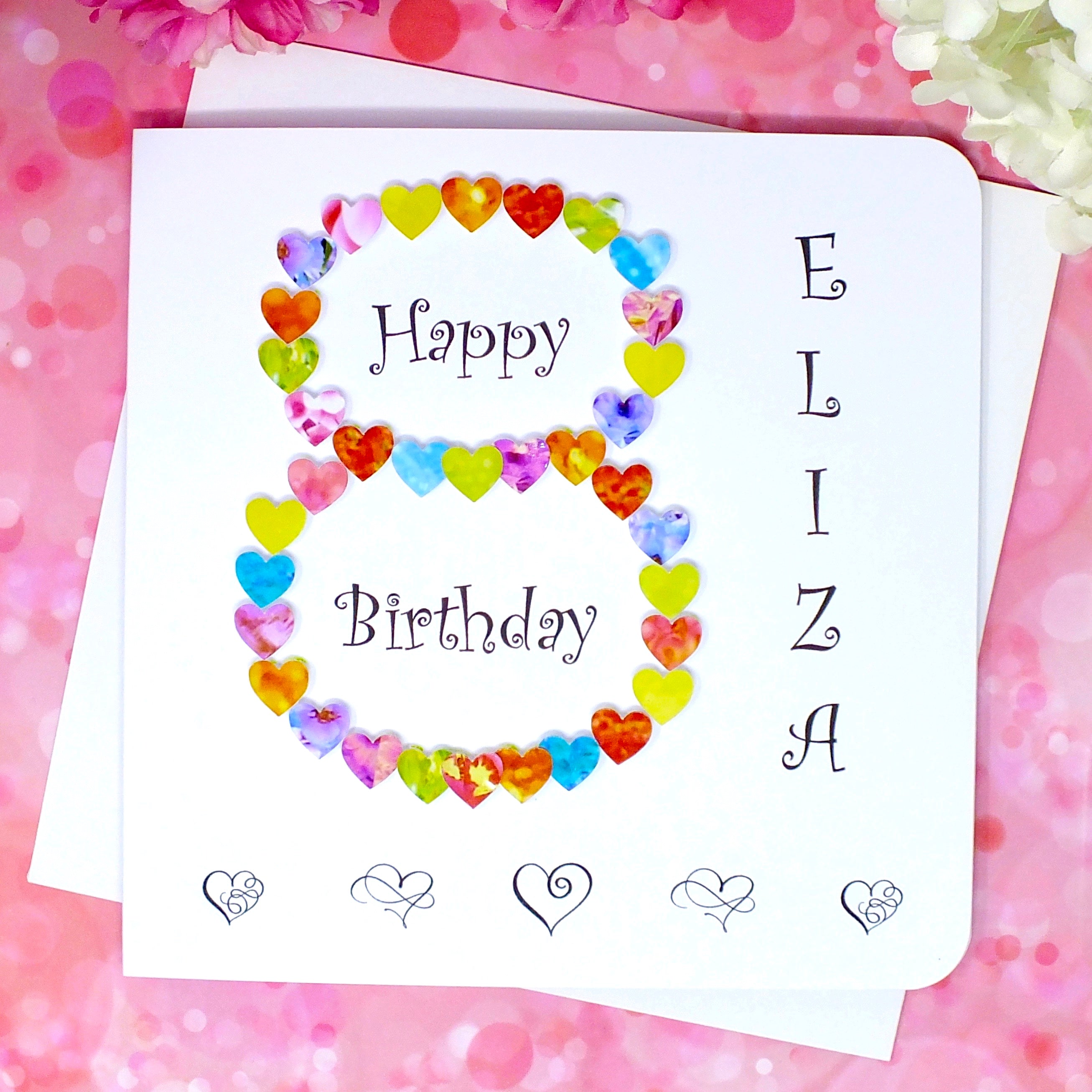 8th Birthday Card - Hearts, Personalised Front